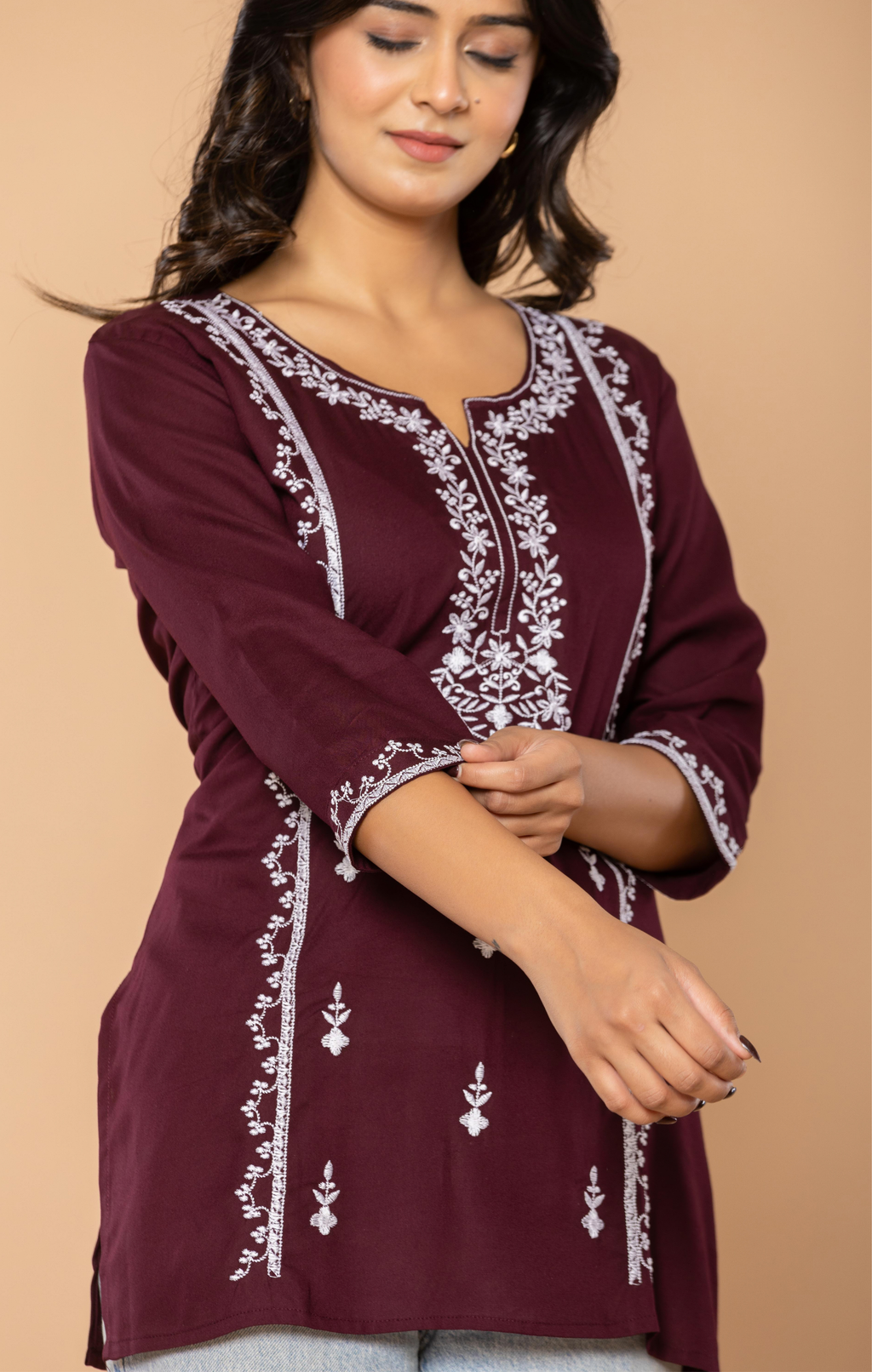 Maroon Embroidered Rayon Kurti for Women | Elegant Daily Wear & Office Wear Tunic Top