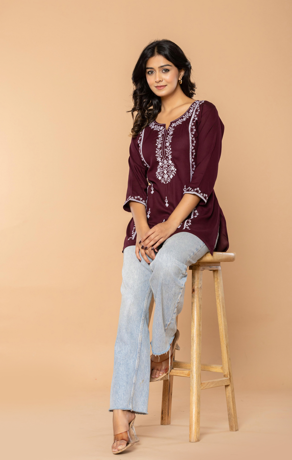 Maroon Embroidered Rayon Kurti for Women | Elegant Daily Wear & Office Wear Tunic Top