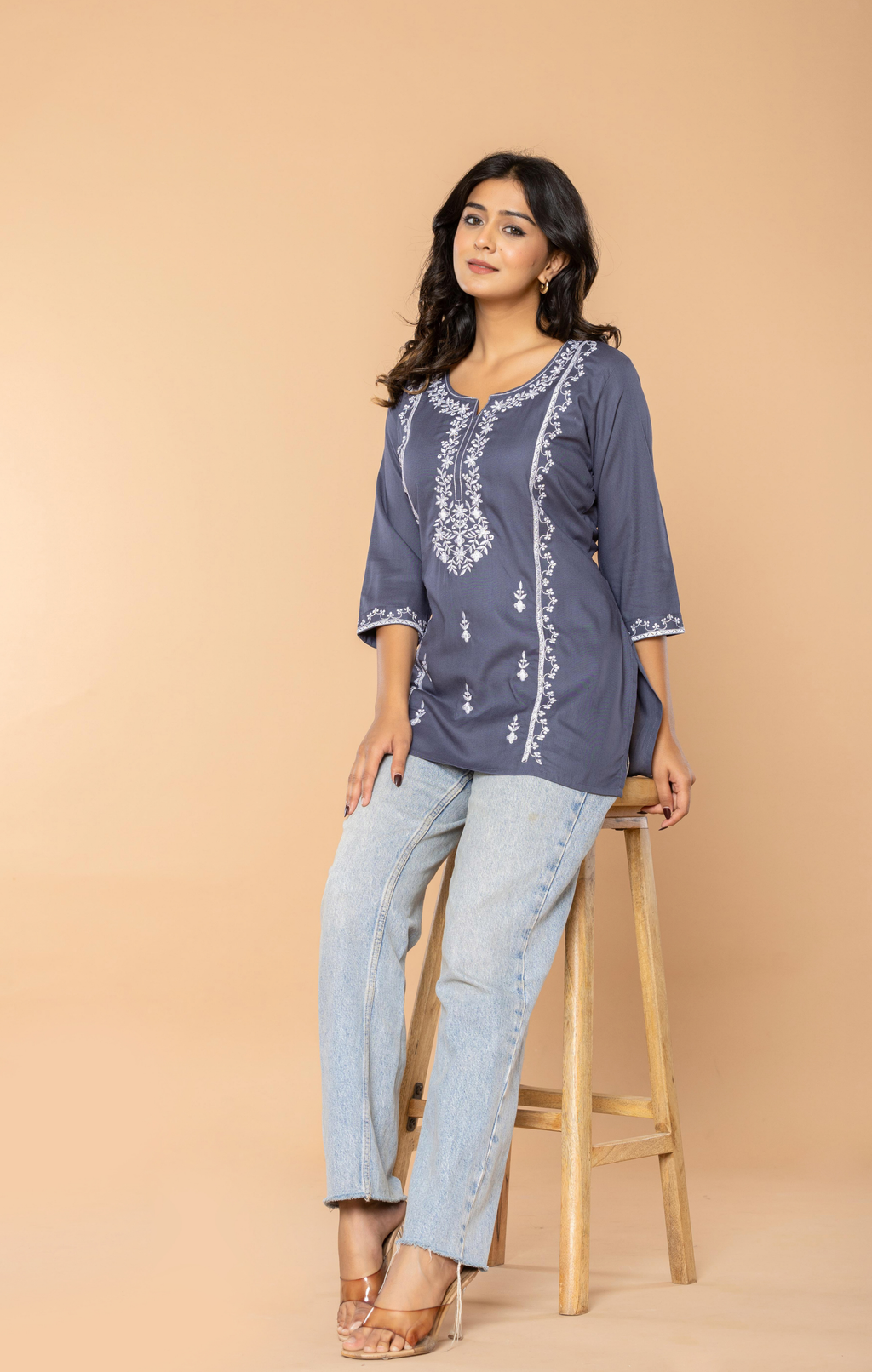 Grey Embroidered Rayon Kurti for Women | Elegant Daily Wear & Office Wear Tunic Top