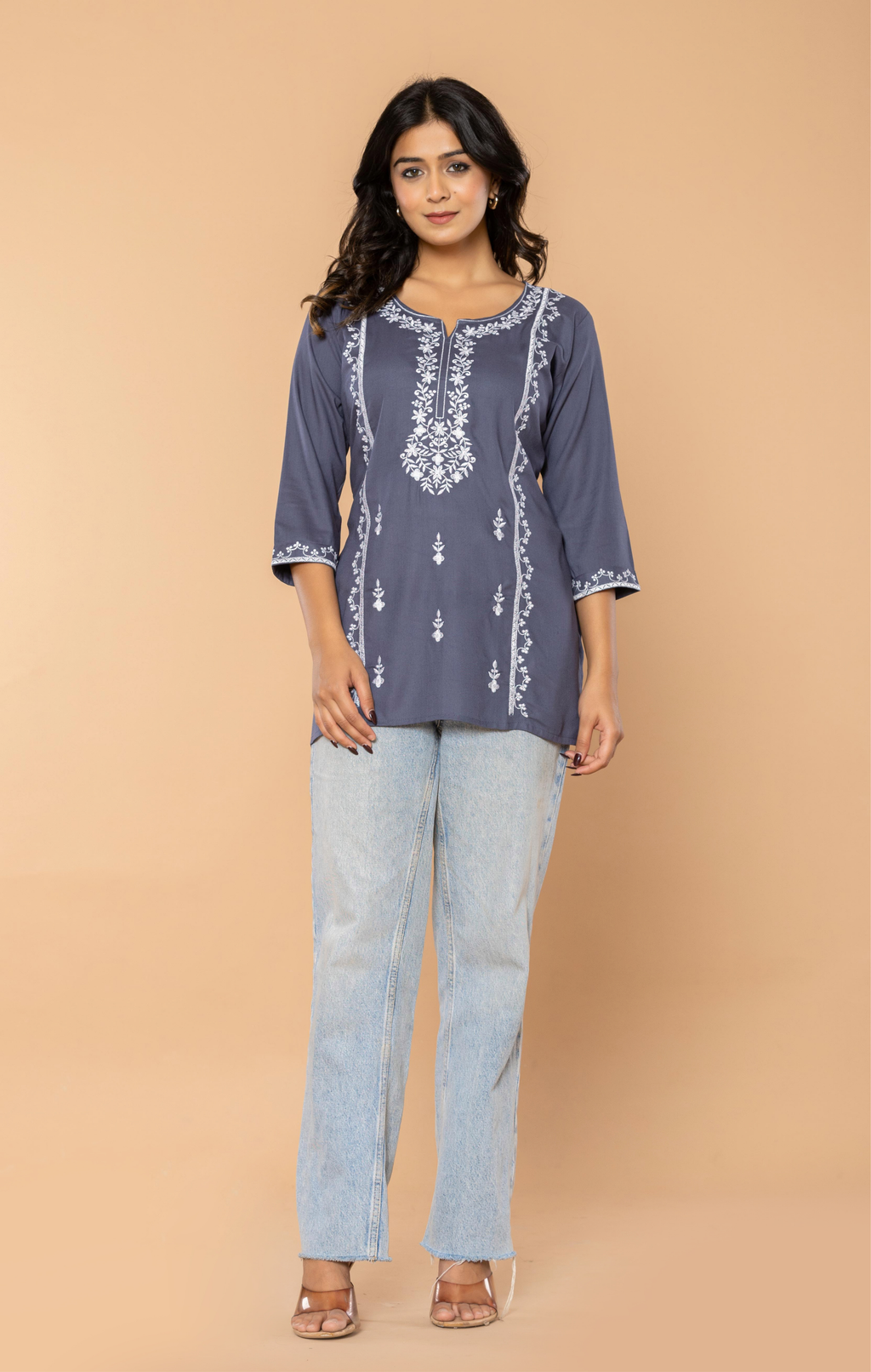 Grey Embroidered Rayon Kurti for Women | Elegant Daily Wear & Office Wear Tunic Top