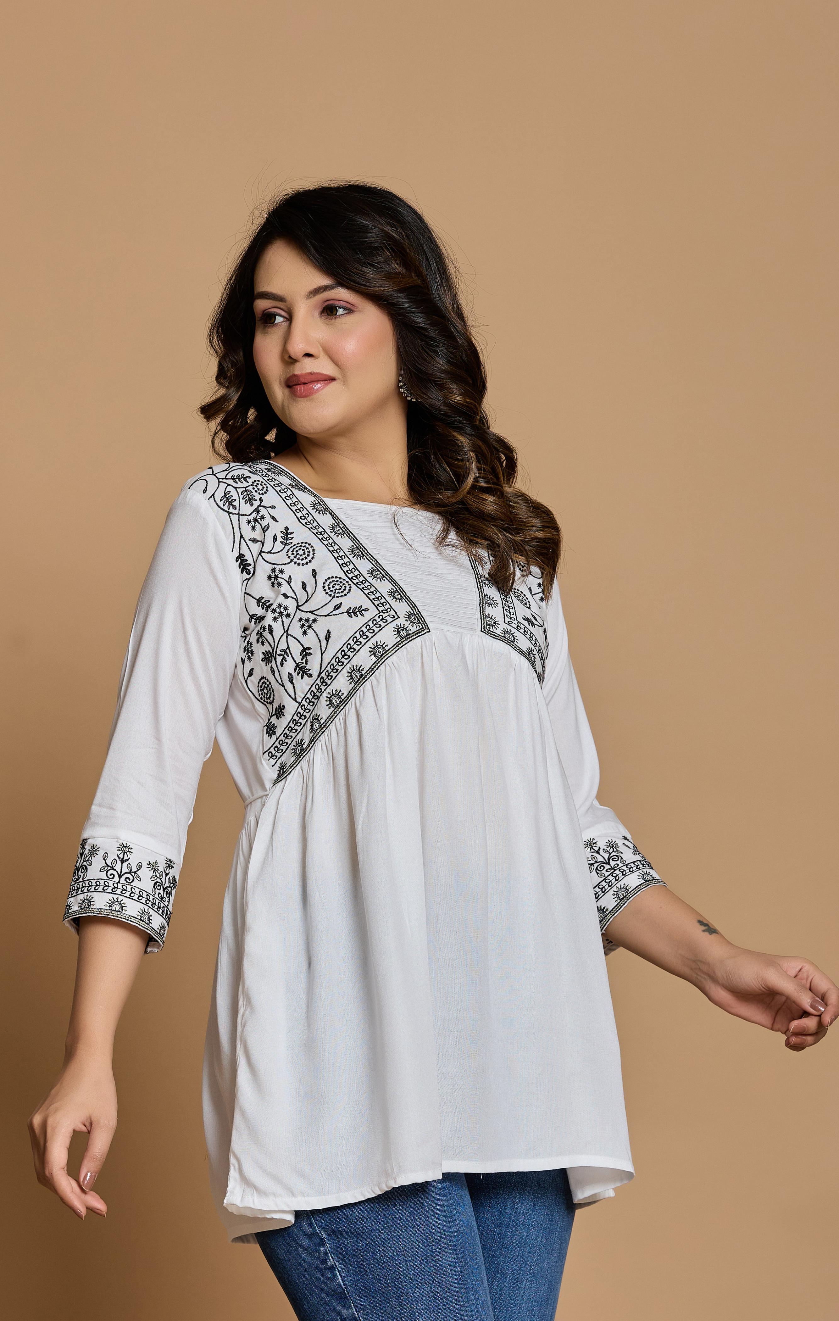 White Cotton Embroidered A-Line Kurti Top for Women | Boho Chic Daily & Office Wear | Soft & Flowy Fit