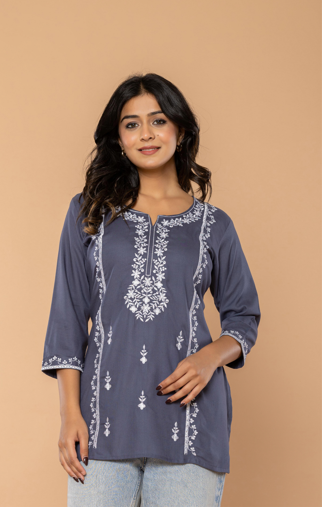Grey Embroidered Rayon Kurti for Women | Elegant Daily Wear & Office Wear Tunic Top