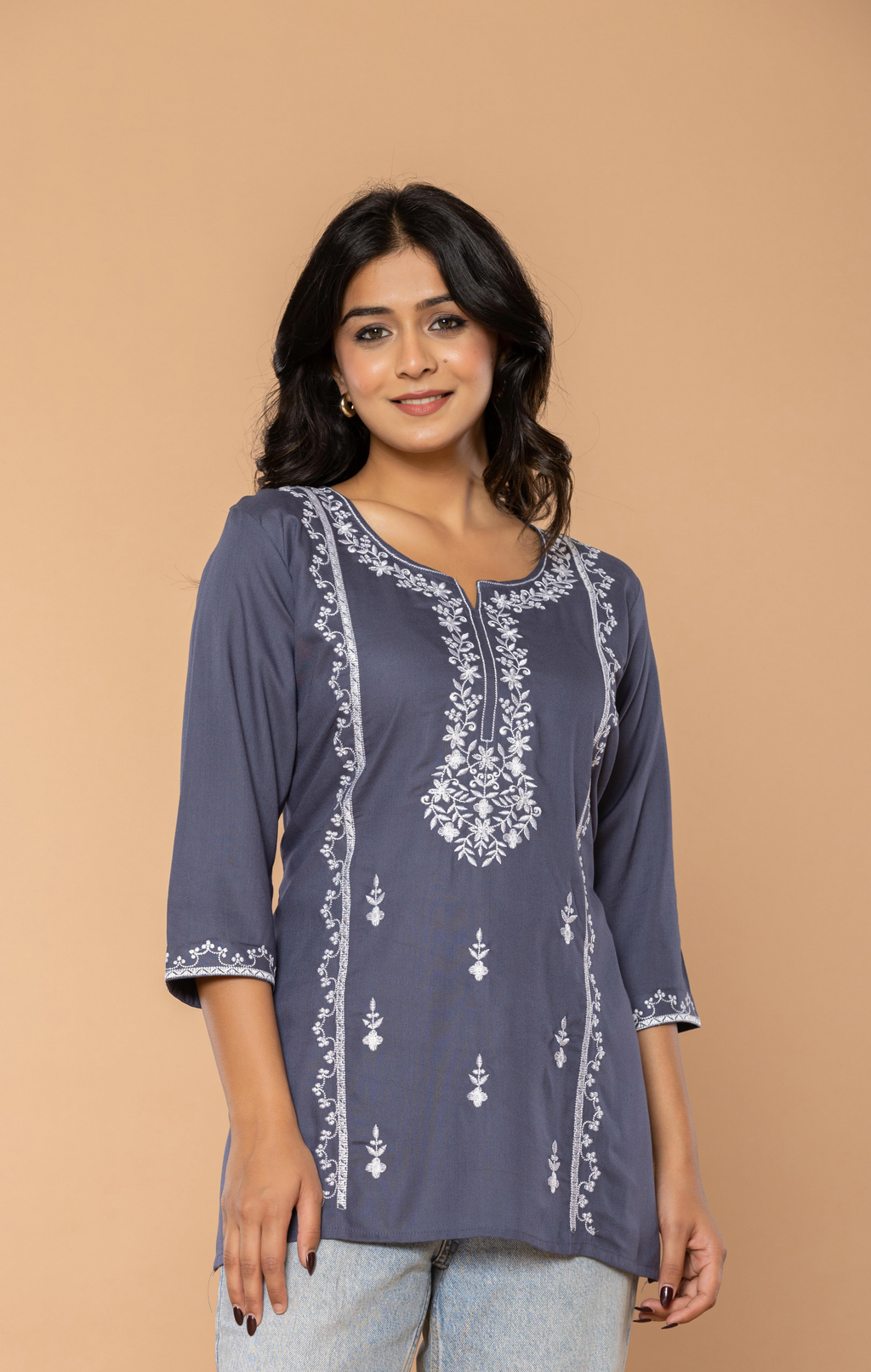Grey Embroidered Rayon Kurti for Women | Elegant Daily Wear & Office Wear Tunic Top