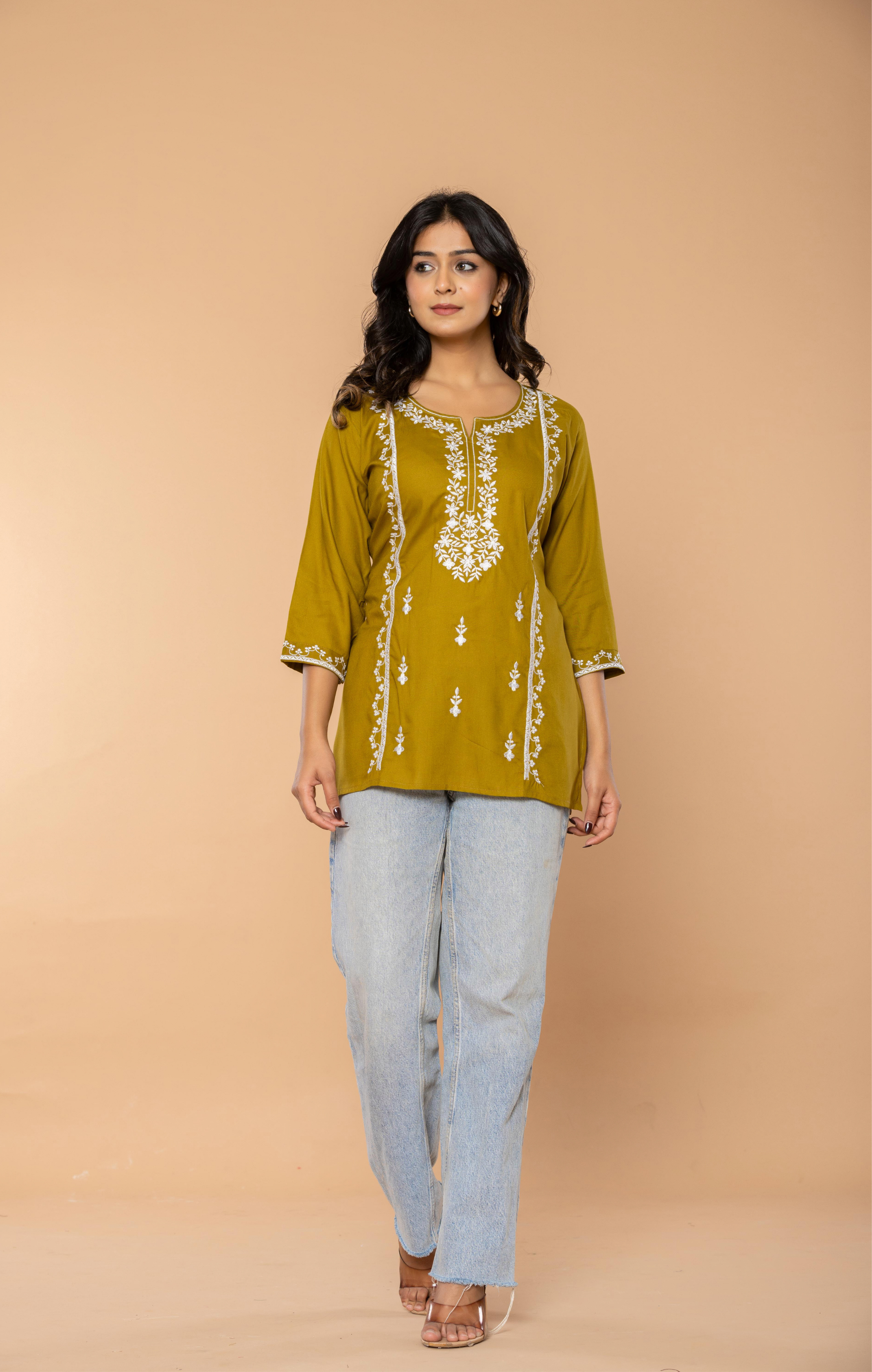 Olive Green Embroidered Rayon Kurti for Women | Elegant Daily Wear & Office Wear Tunic Top