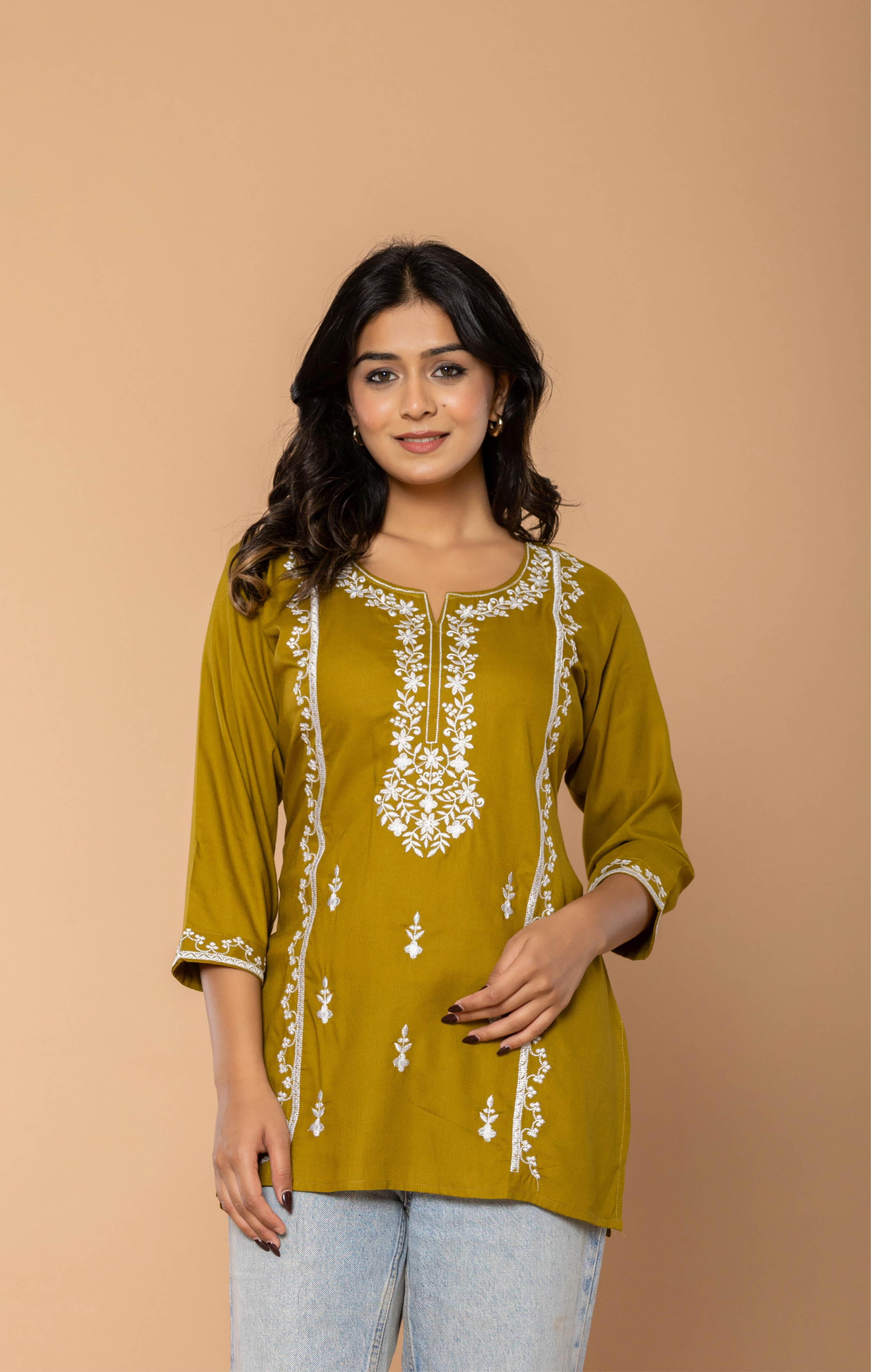 Olive Green Embroidered Rayon Kurti for Women | Elegant Daily Wear & Office Wear Tunic Top