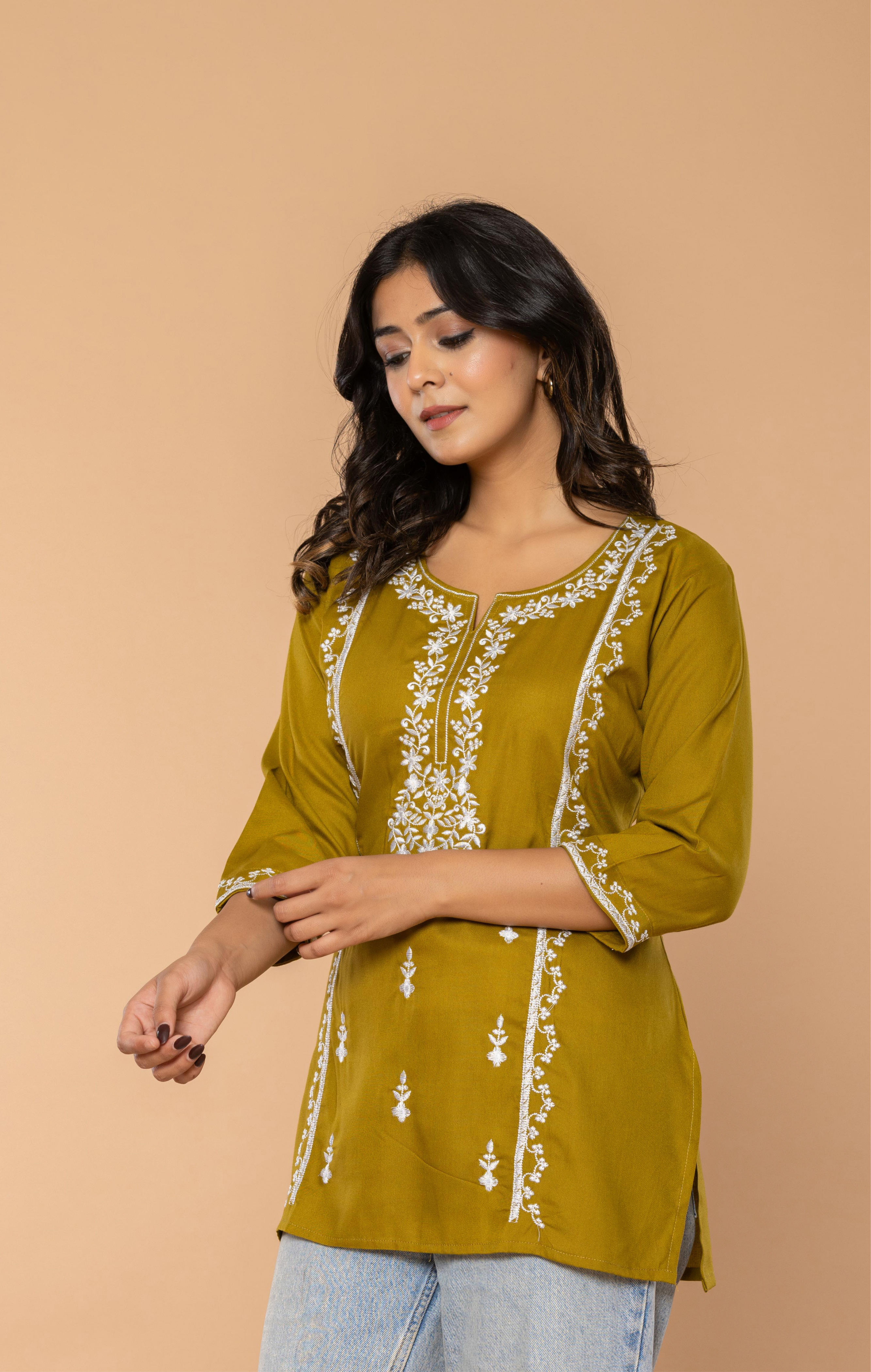 Olive Green Embroidered Rayon Kurti for Women | Elegant Daily Wear & Office Wear Tunic Top