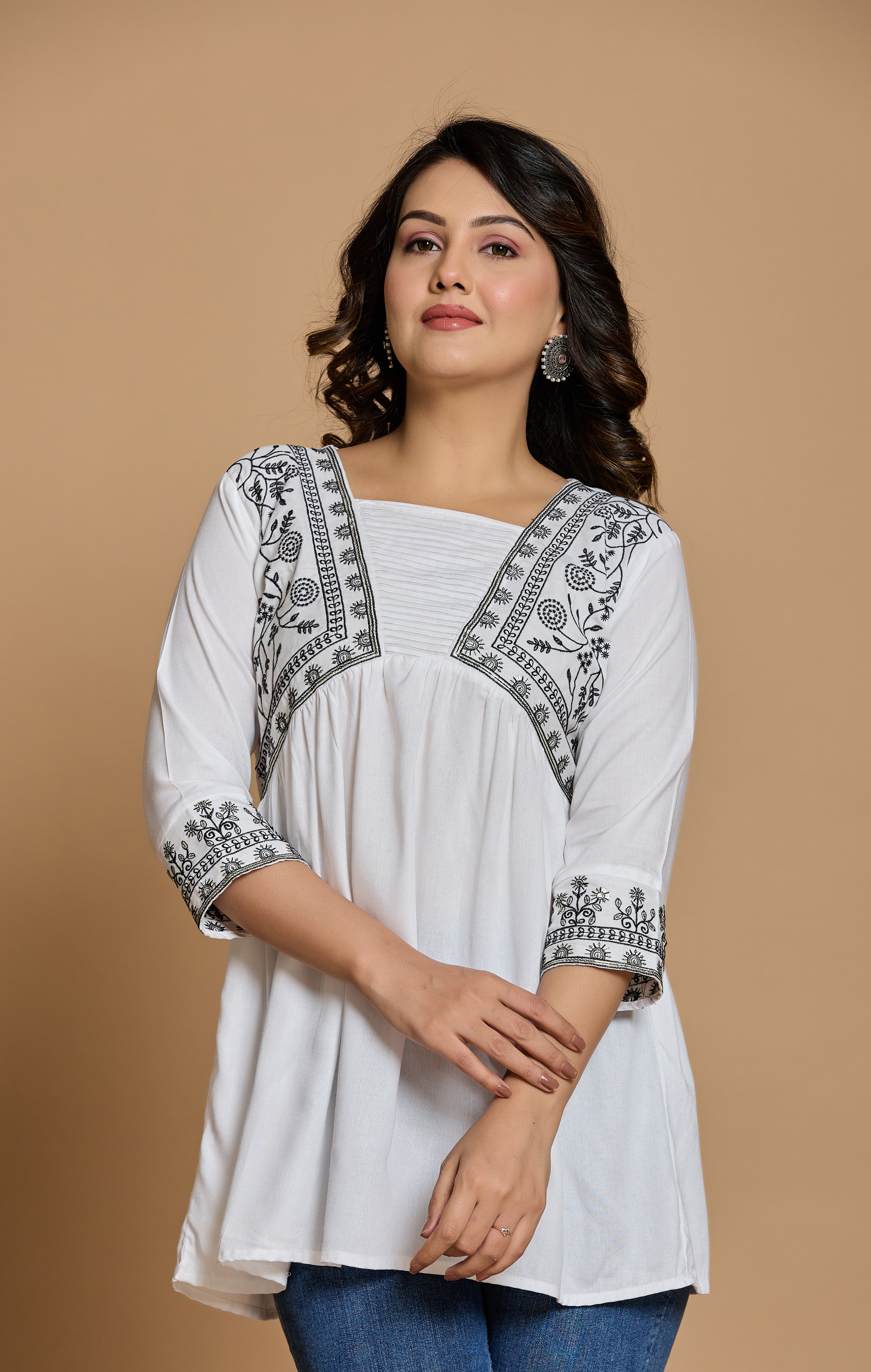 White Cotton Embroidered A-Line Kurti Top for Women | Boho Chic Daily & Office Wear | Soft & Flowy Fit