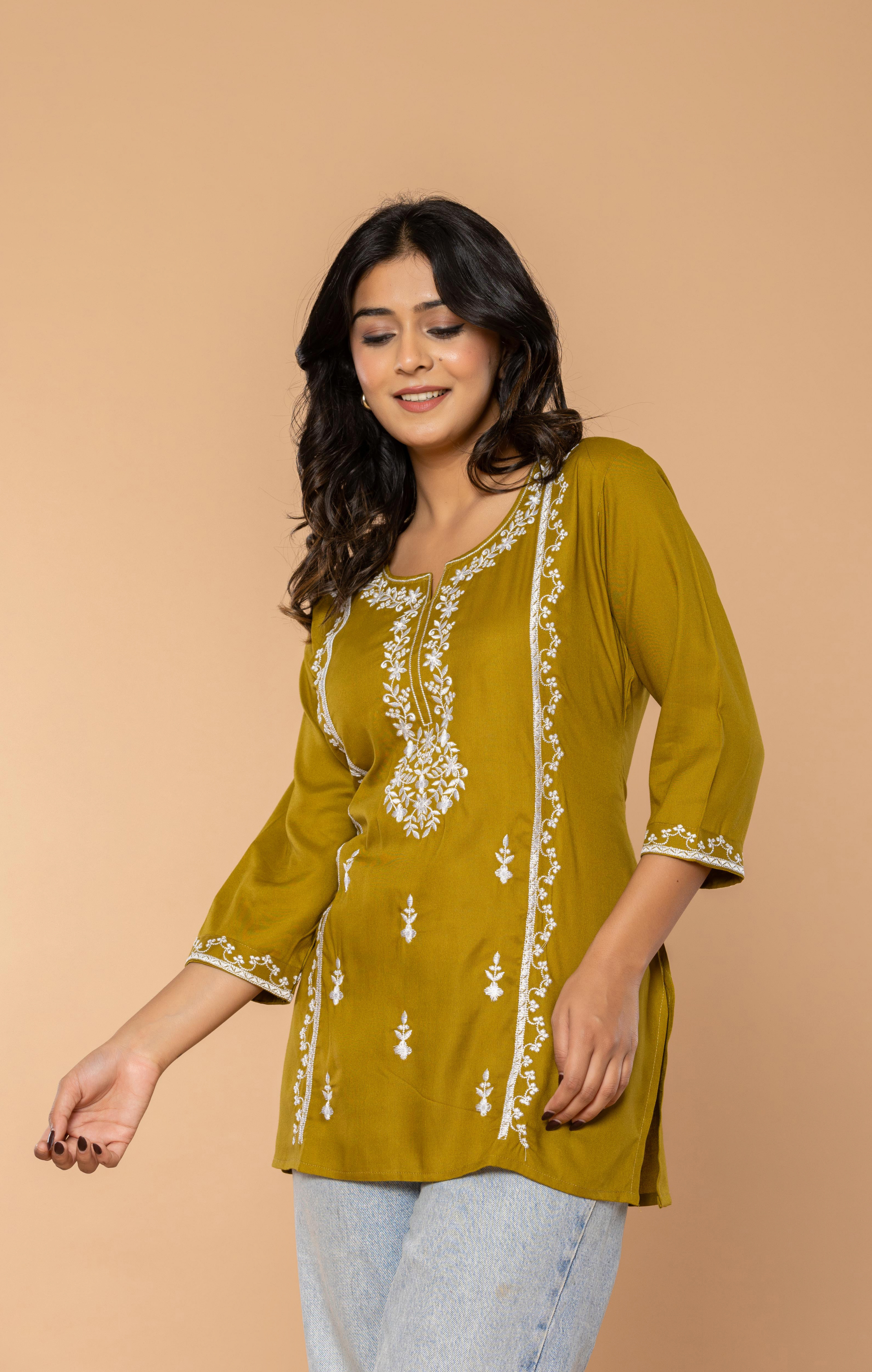 Olive Green Embroidered Rayon Kurti for Women | Elegant Daily Wear & Office Wear Tunic Top