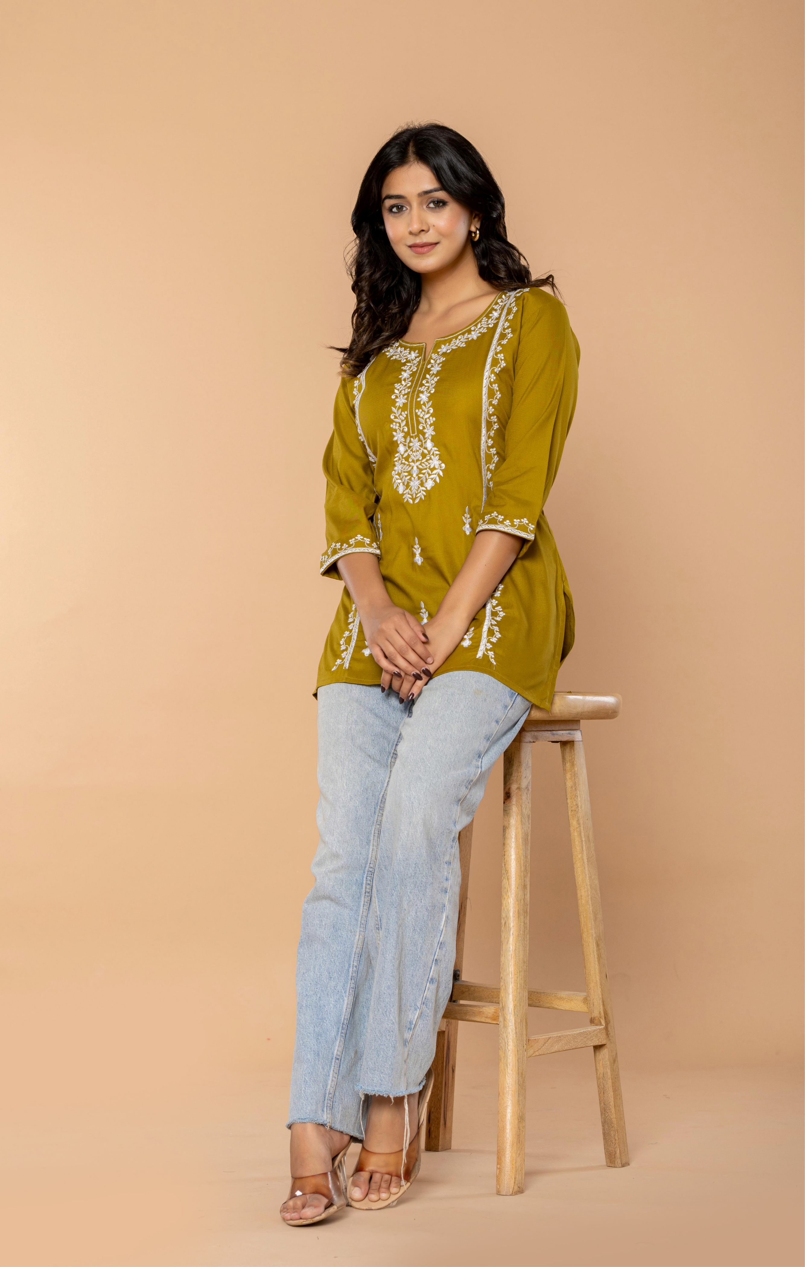 Olive Green Embroidered Rayon Kurti for Women | Elegant Daily Wear & Office Wear Tunic Top