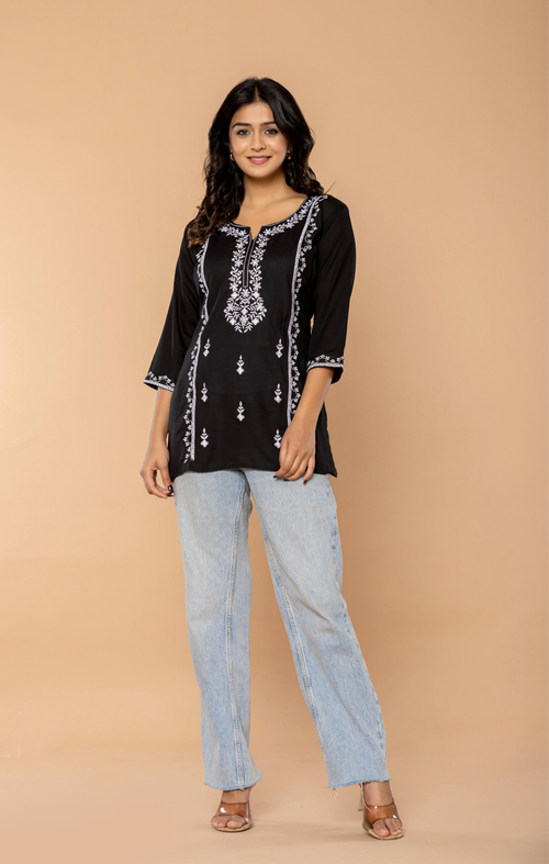 Black Embroidered Rayon Kurti for Women | Stylish Daily Wear & Office Wear Tunic Top