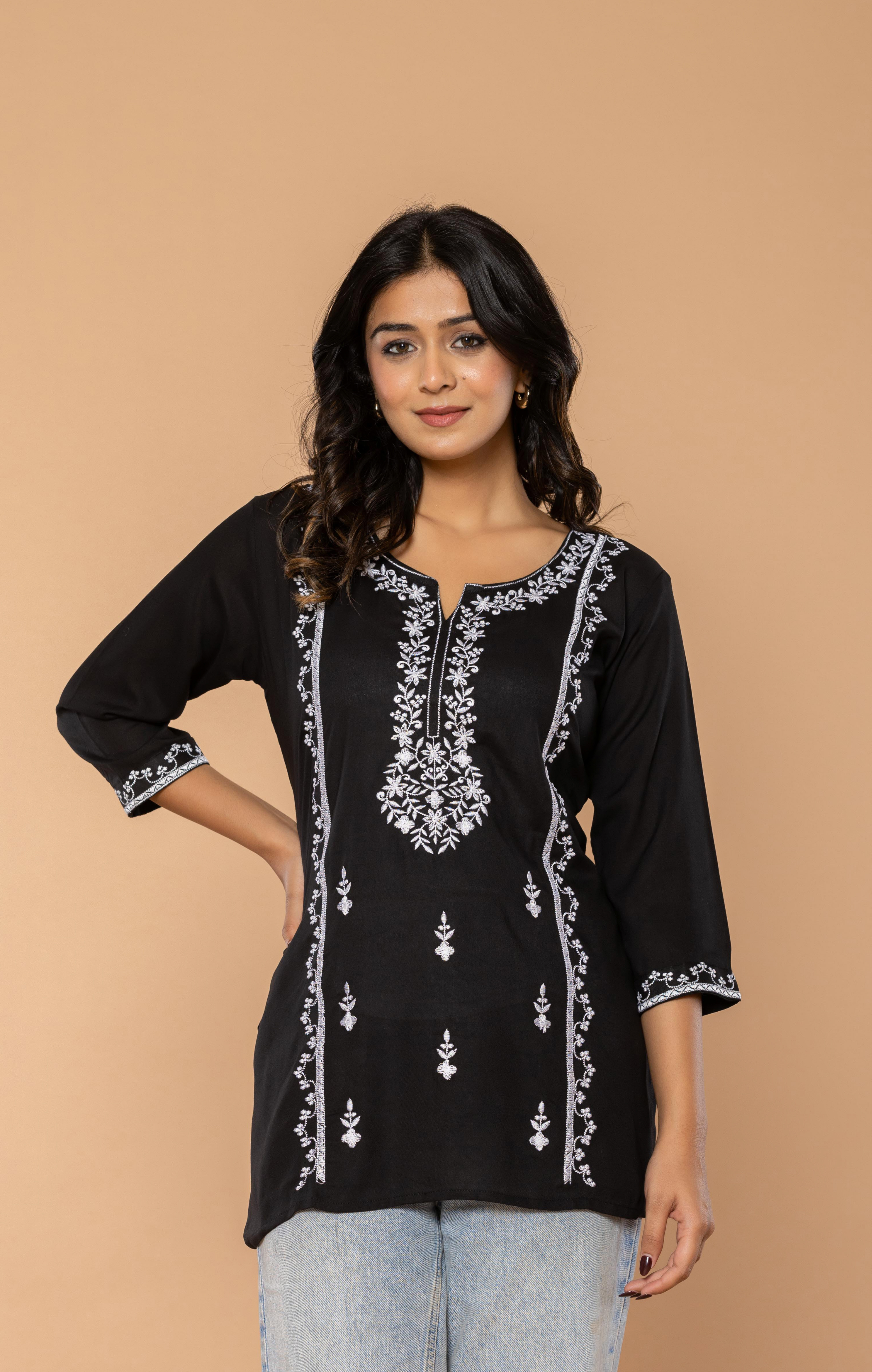 Black Embroidered Rayon Kurti for Women | Stylish Daily Wear & Office Wear Tunic Top