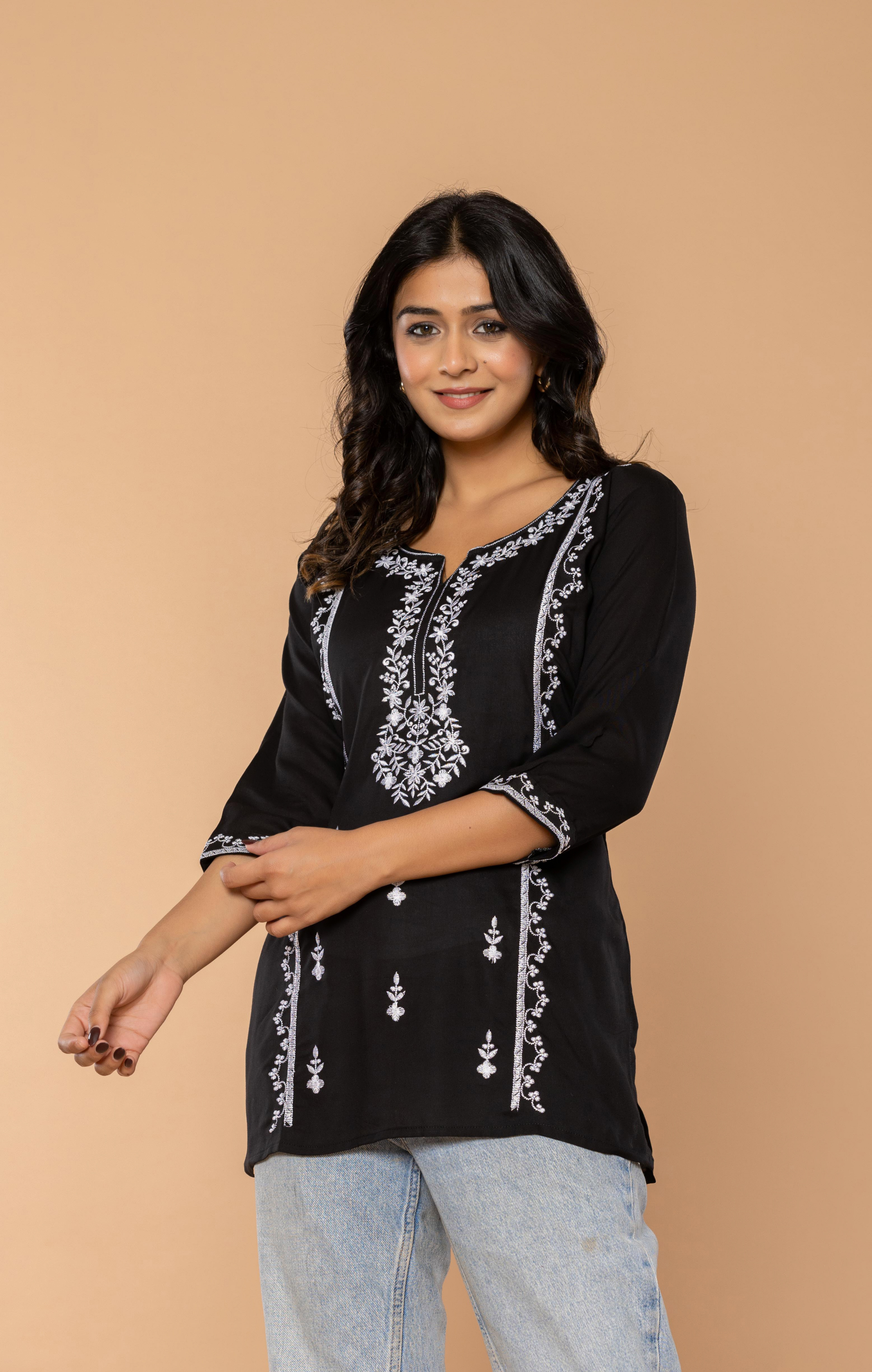 Black Embroidered Rayon Kurti for Women | Stylish Daily Wear & Office Wear Tunic Top