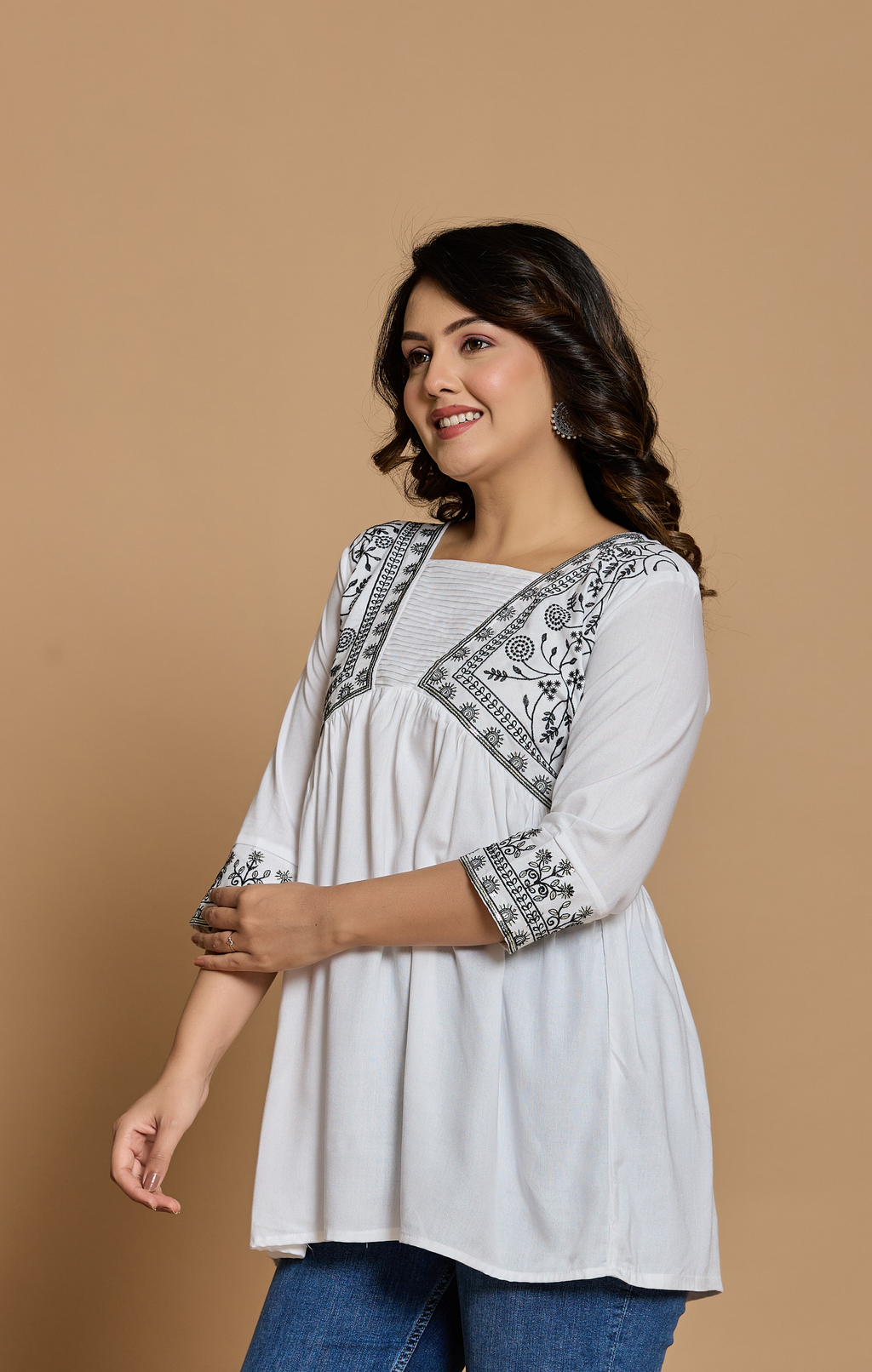 White Cotton Embroidered A-Line Kurti Top for Women | Boho Chic Daily & Office Wear | Soft & Flowy Fit