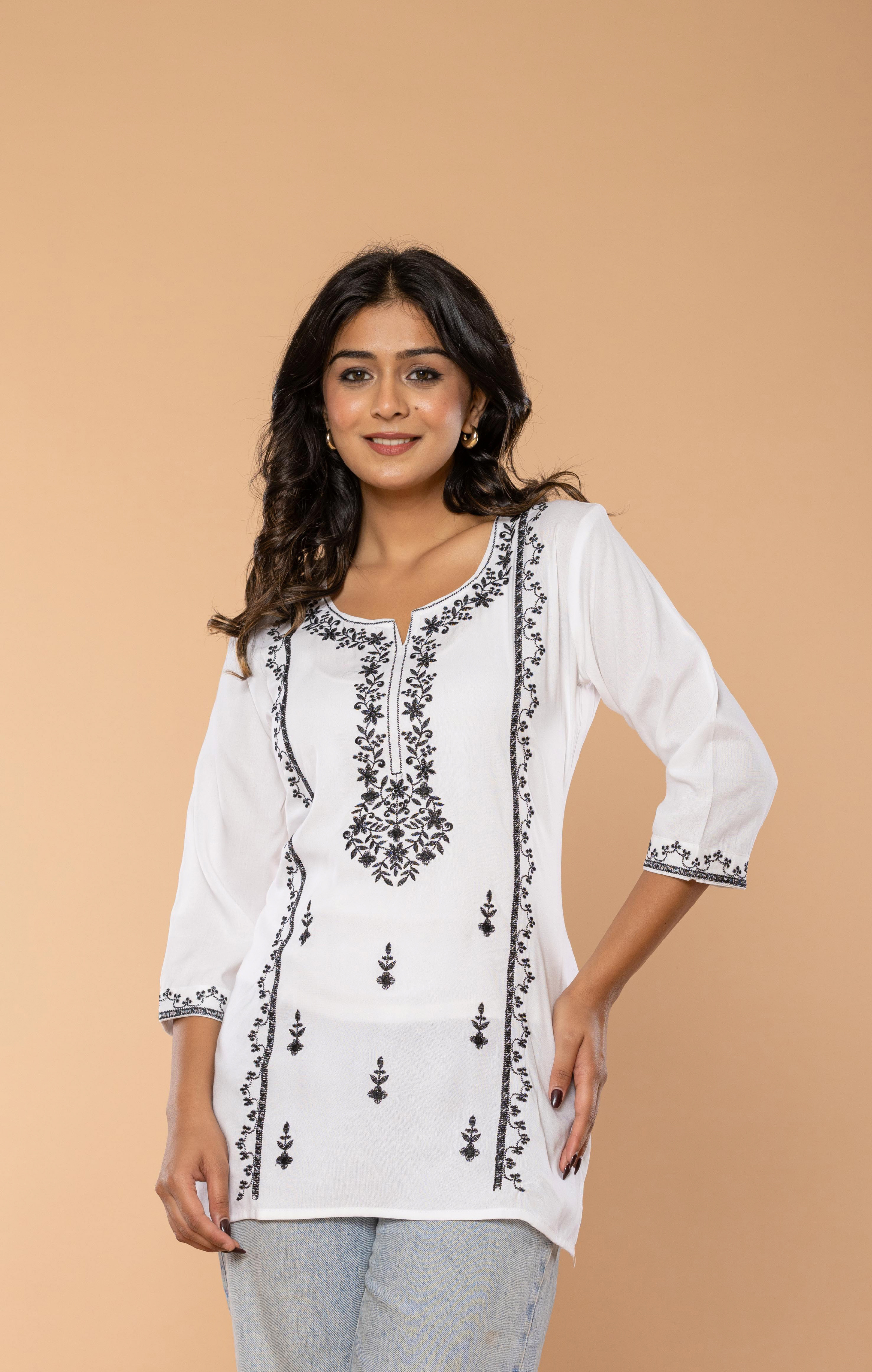 White Embroidered Rayon Kurti for Women | Elegant Everyday & Office Wear Tunic Top