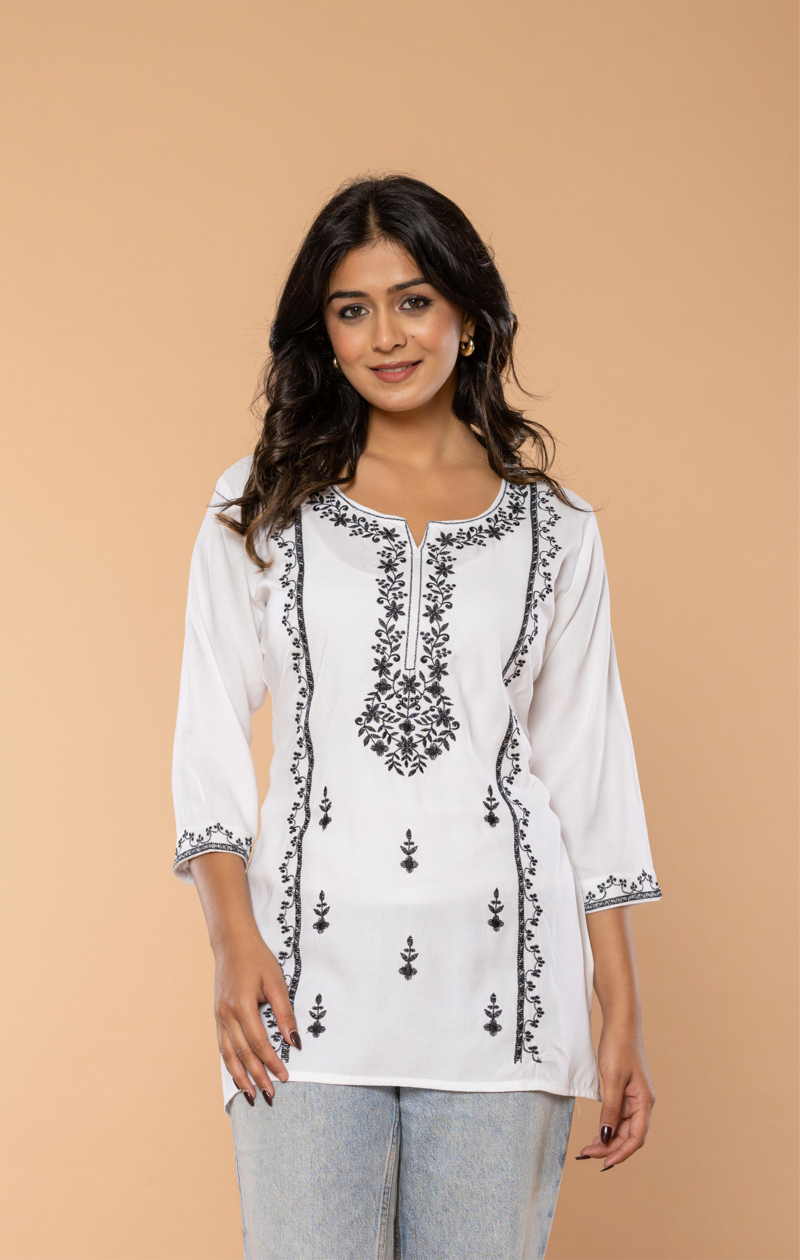 White Embroidered Rayon Kurti for Women | Elegant Everyday & Office Wear Tunic Top