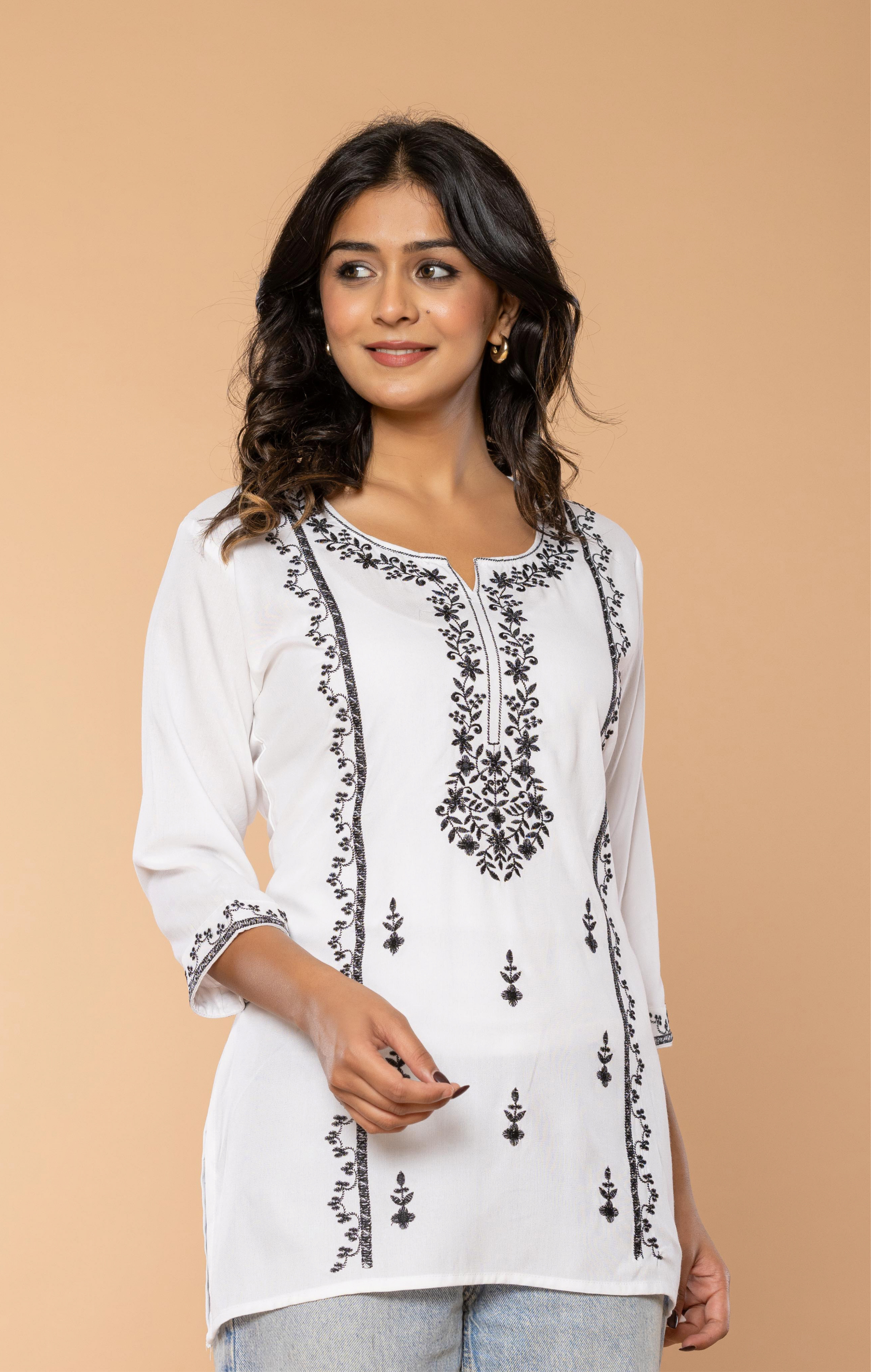 White Embroidered Rayon Kurti for Women | Elegant Everyday & Office Wear Tunic Top
