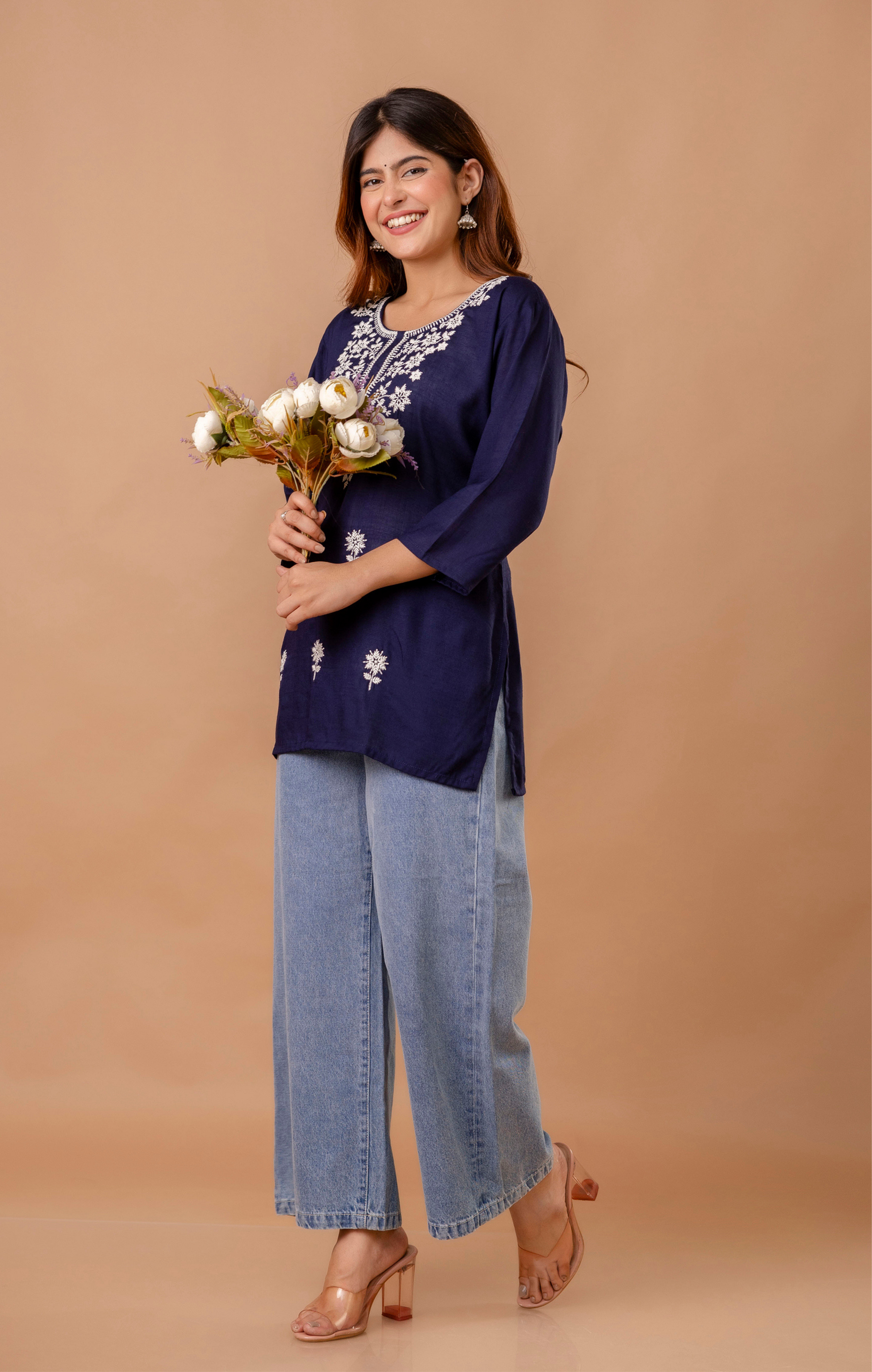 Navy Blue Embroidered Rayon Kurti for Women | Elegant Floral Threadwork Tunic Top