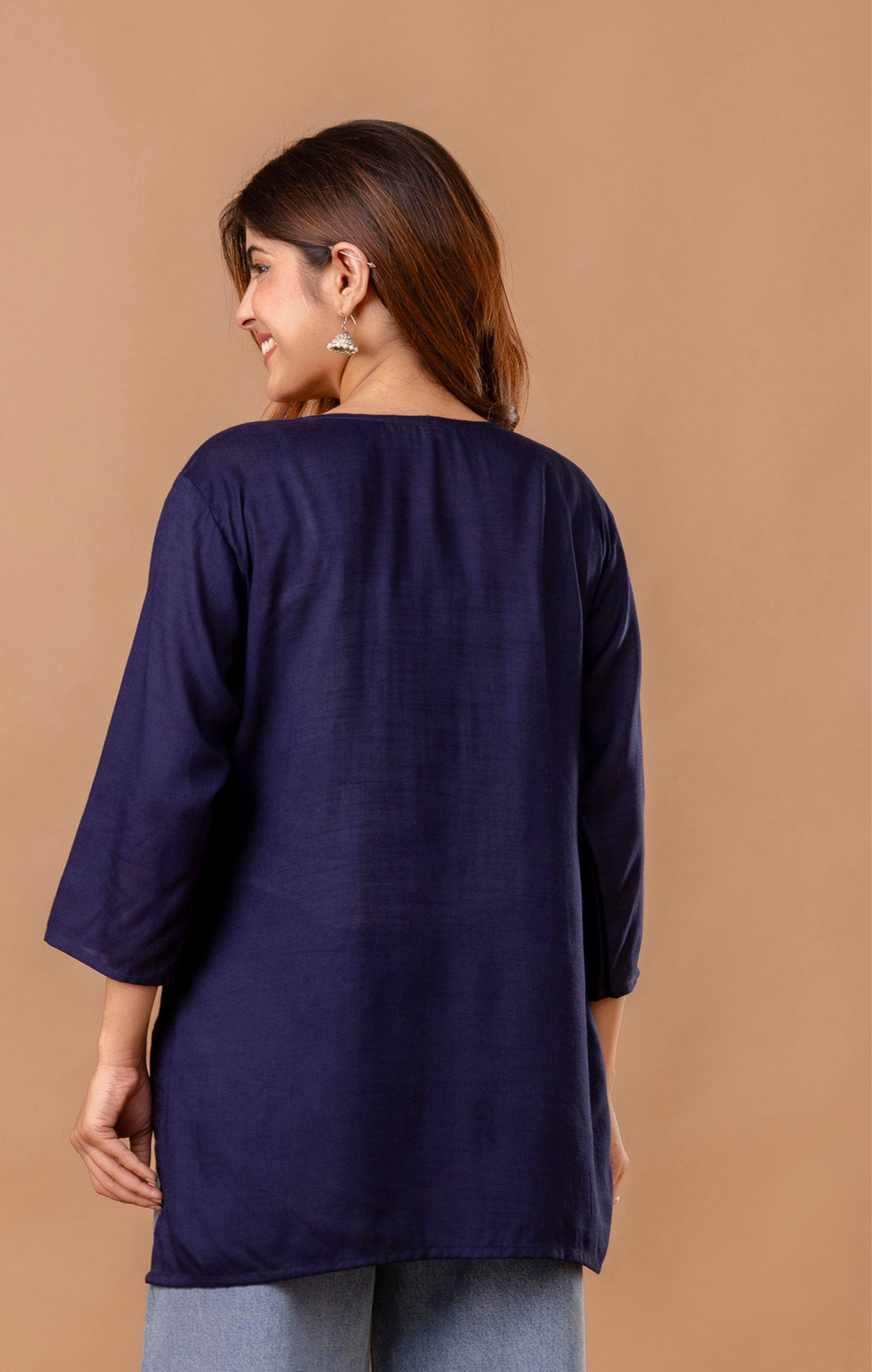 Navy Blue Embroidered Rayon Kurti for Women | Elegant Floral Threadwork Tunic Top