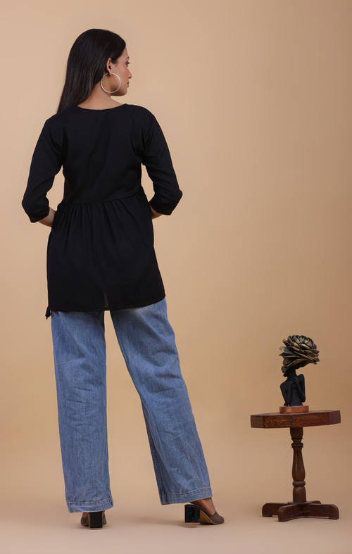 Black Cotton Embroidered Boho Kurti Top for Women | Casual & Office Wear | Comfortable Fit