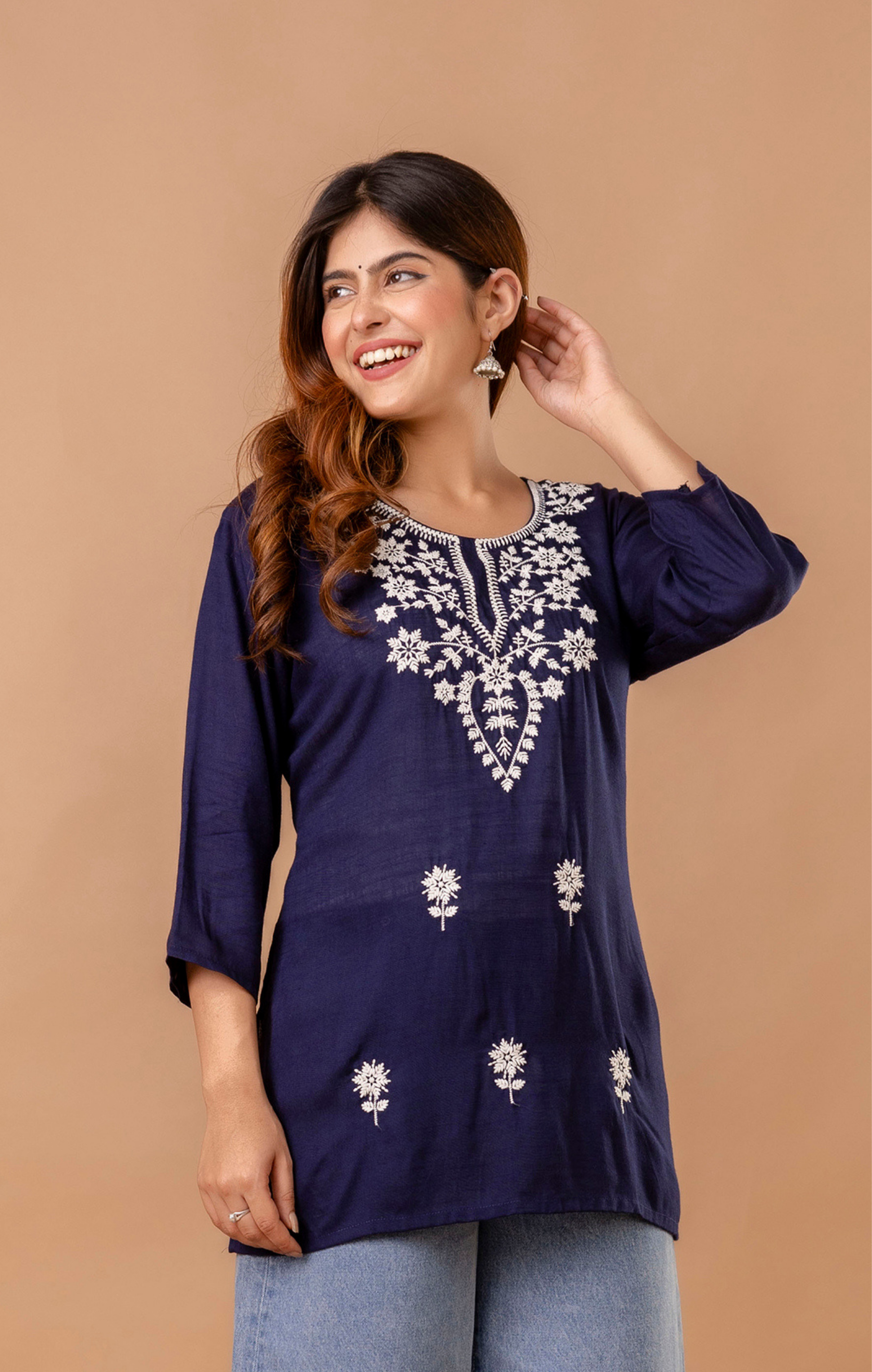 Navy Blue Embroidered Rayon Kurti for Women | Elegant Floral Threadwork Tunic Top