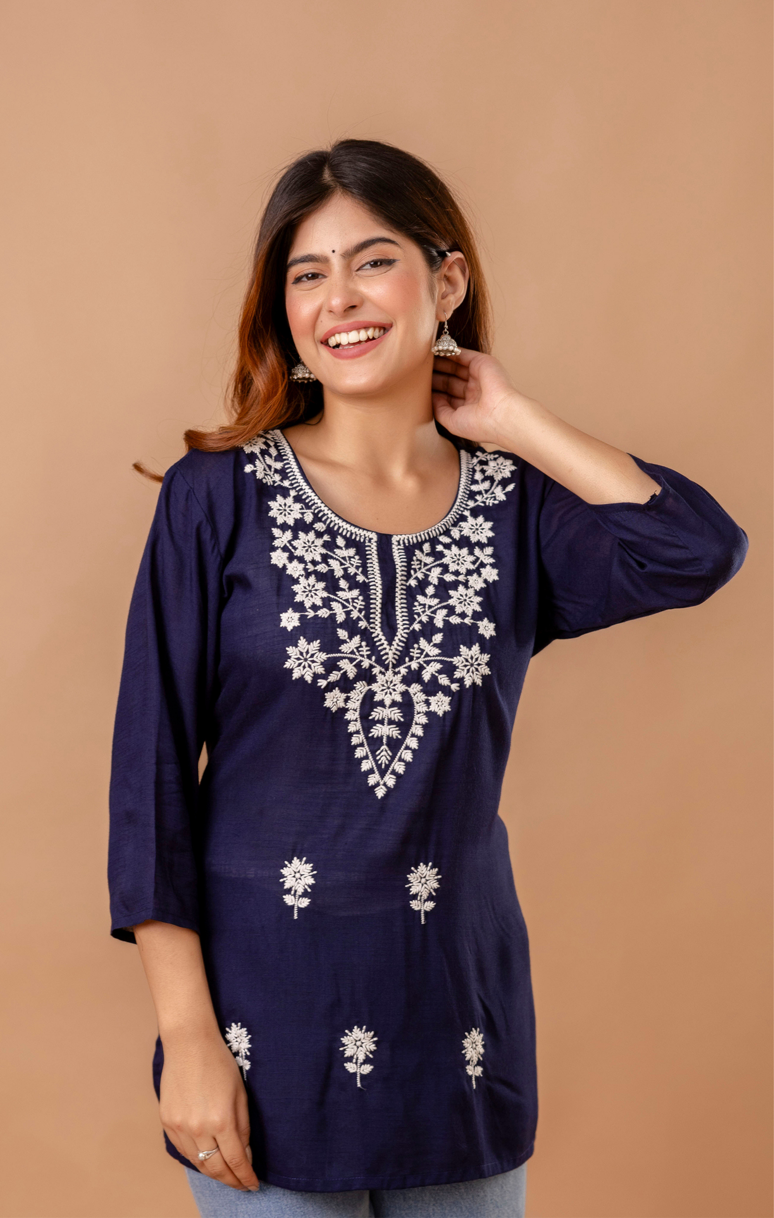 Navy Blue Embroidered Rayon Kurti for Women | Elegant Floral Threadwork Tunic Top