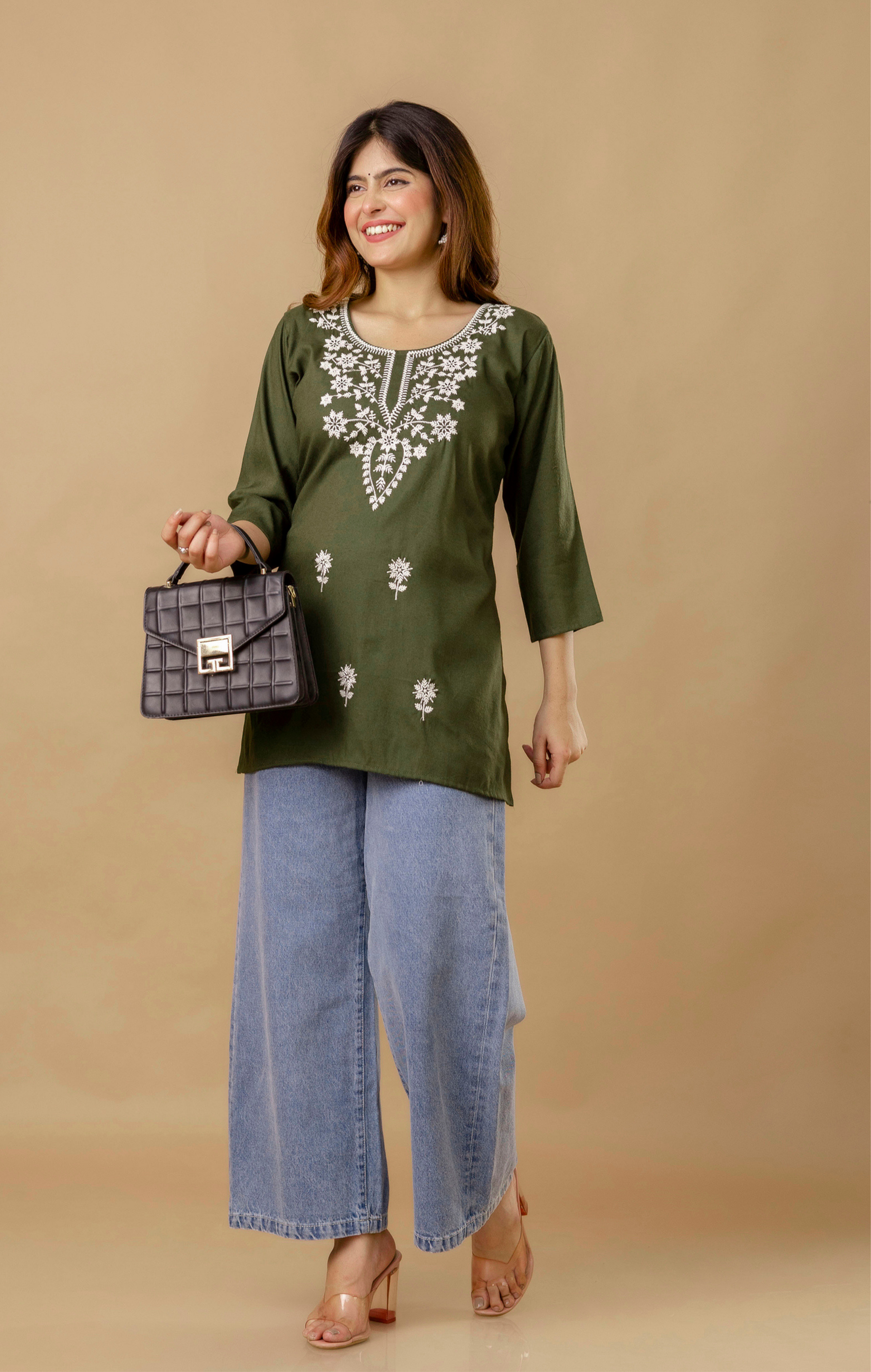 Olive Green Floral Embroidered Rayon Kurti for Women | Elegant Everyday Tunic Top