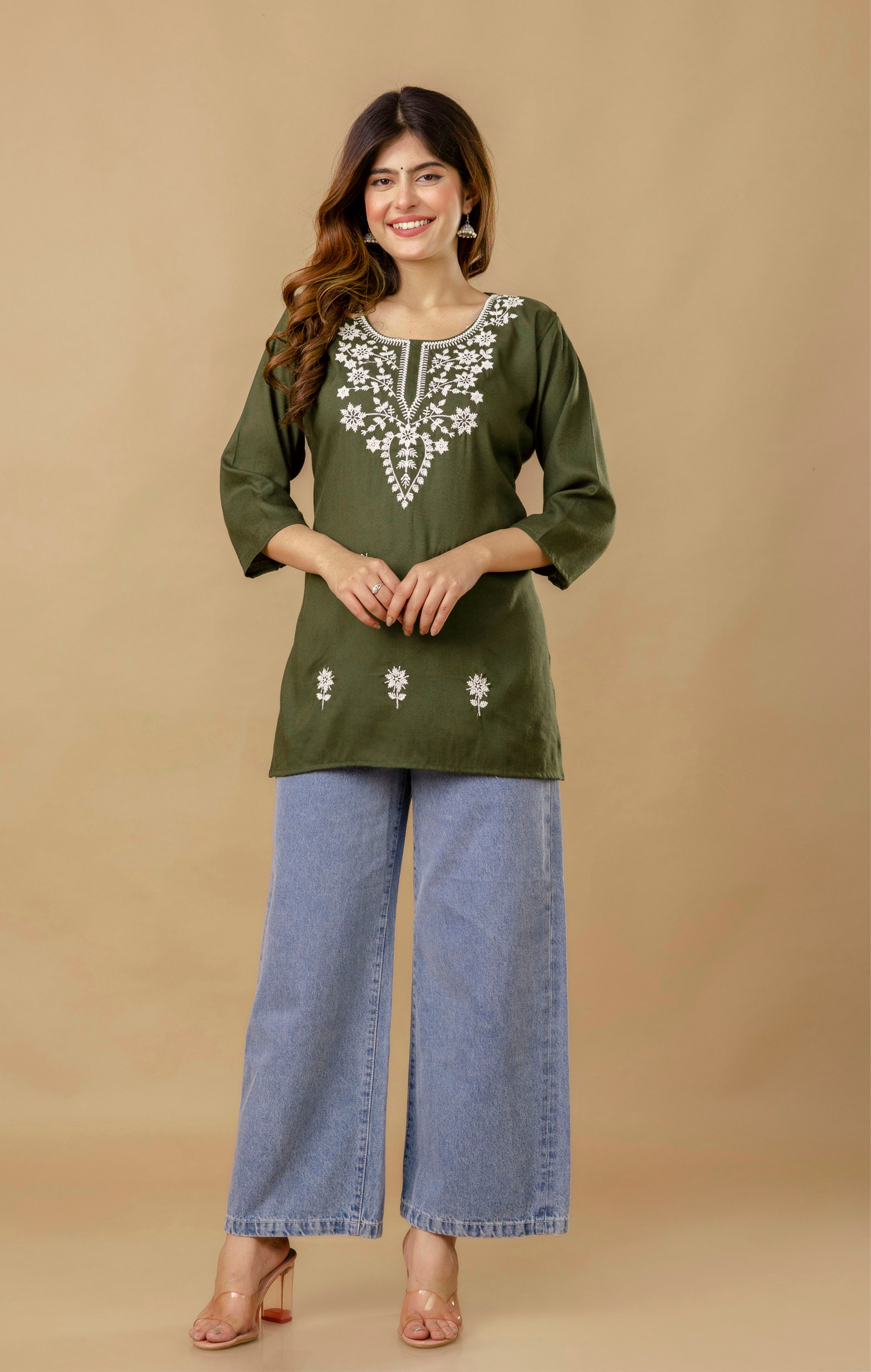 Olive Green Floral Embroidered Rayon Kurti for Women | Elegant Everyday Tunic Top