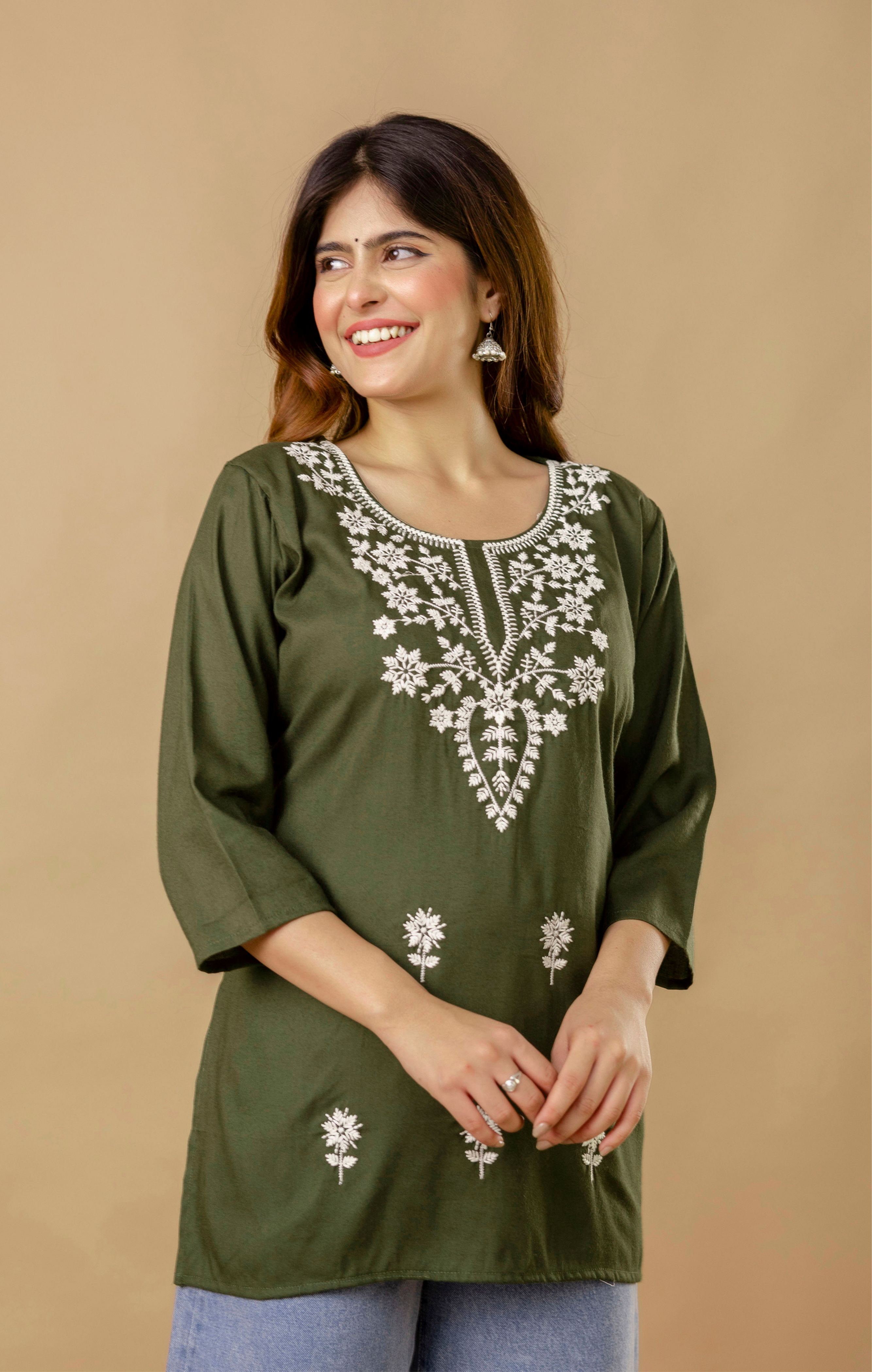 Olive Green Floral Embroidered Rayon Kurti for Women | Elegant Everyday Tunic Top