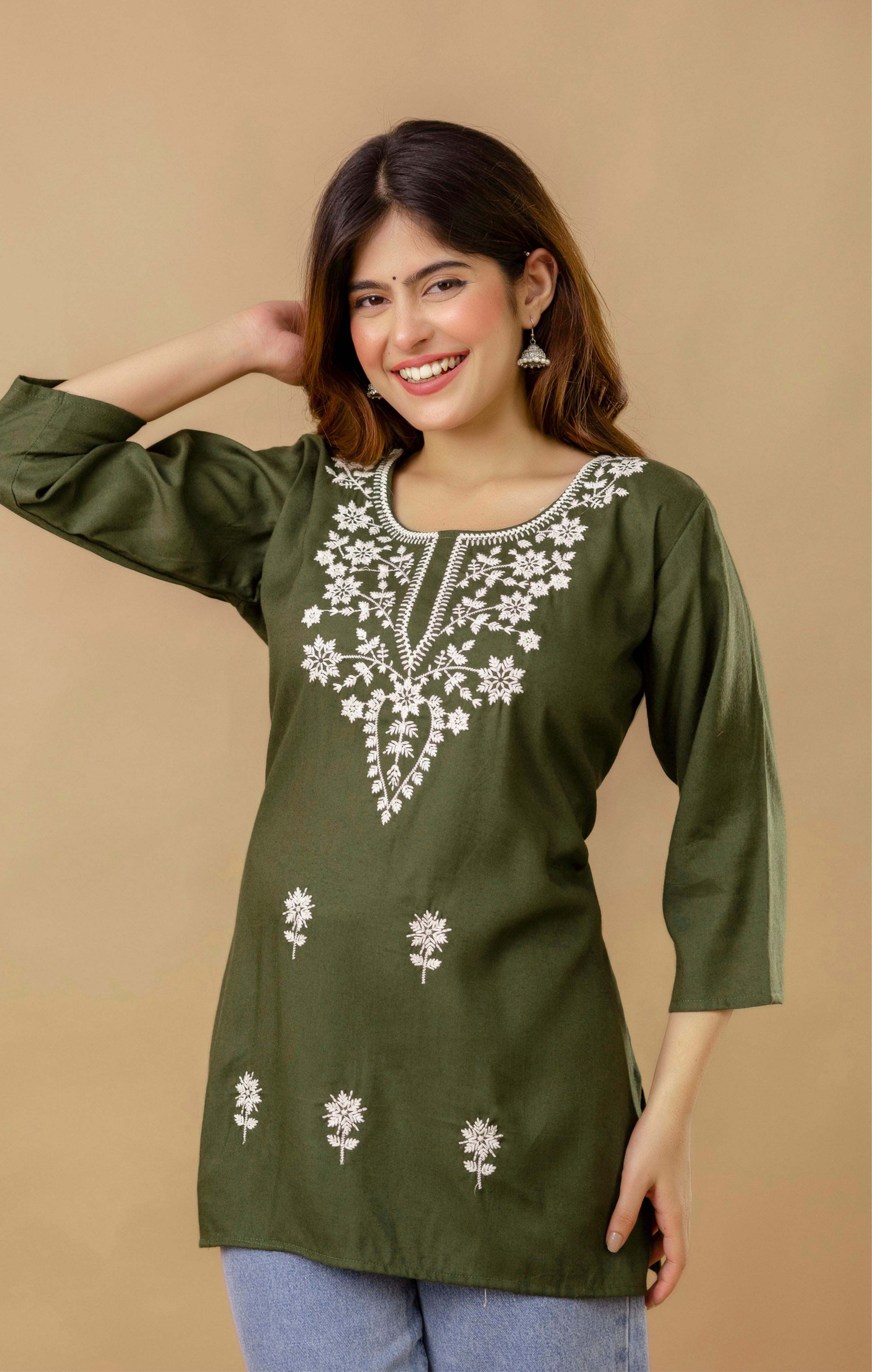 Olive Green Floral Embroidered Rayon Kurti for Women | Elegant Everyday Tunic Top