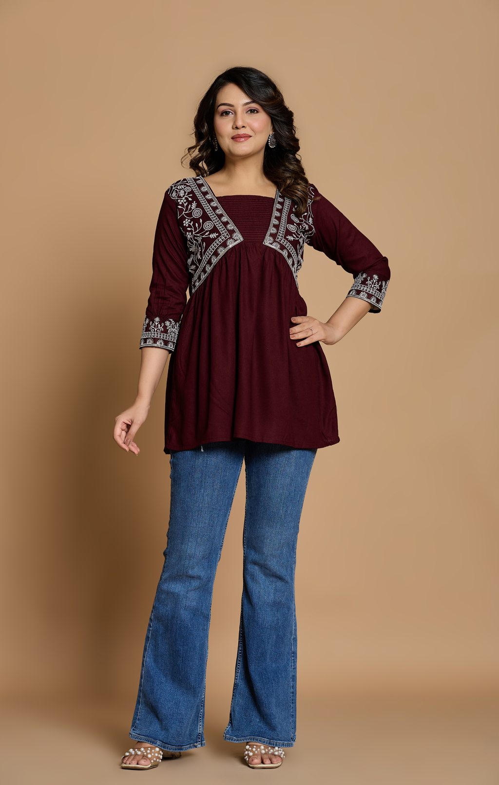 Maroon Cotton Embroidered A-Line Kurti Top for Women | Elegant Daily & Office Wear | Flowy Comfortable Fit