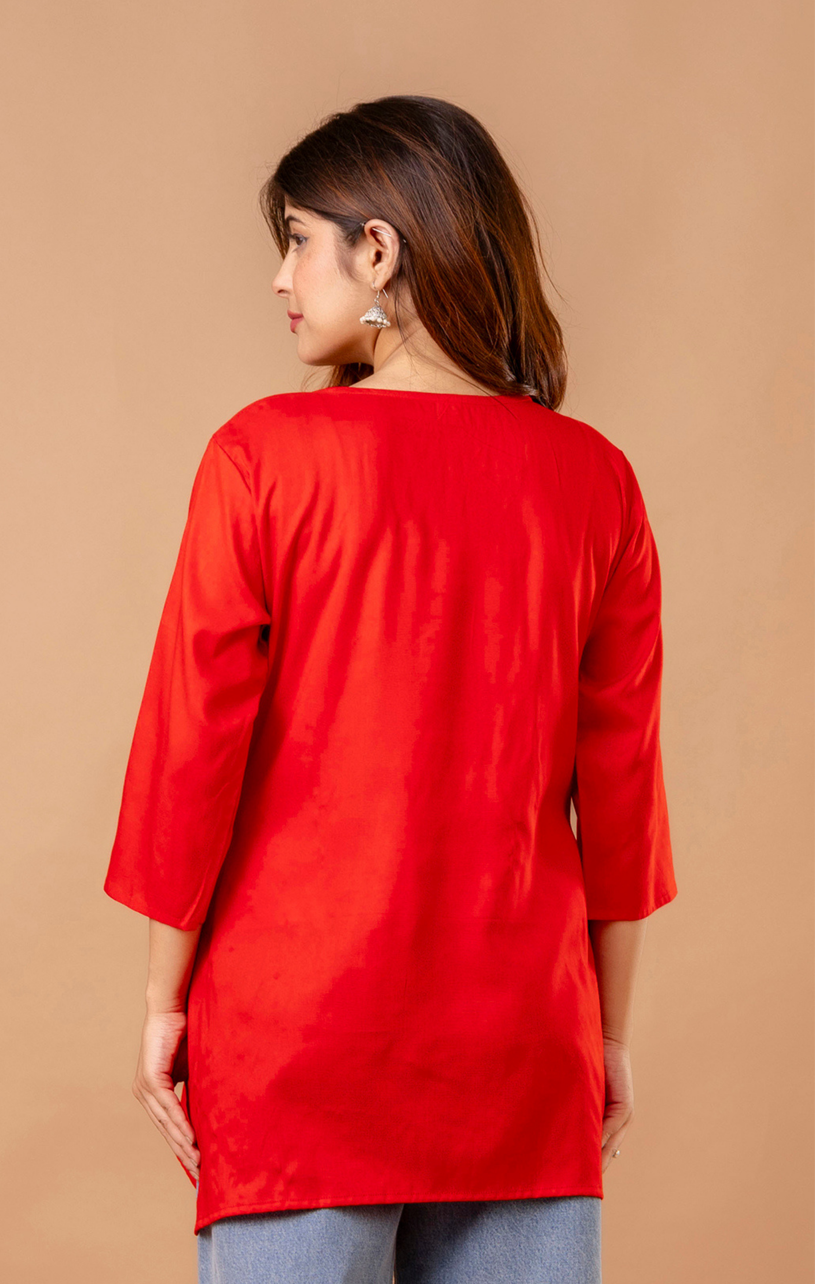 Red Rayon Floral Embroidered Kurti for Women | Elegant Daily Wear Tunic Top | 3/4 Sleeve Ethnic Kurta