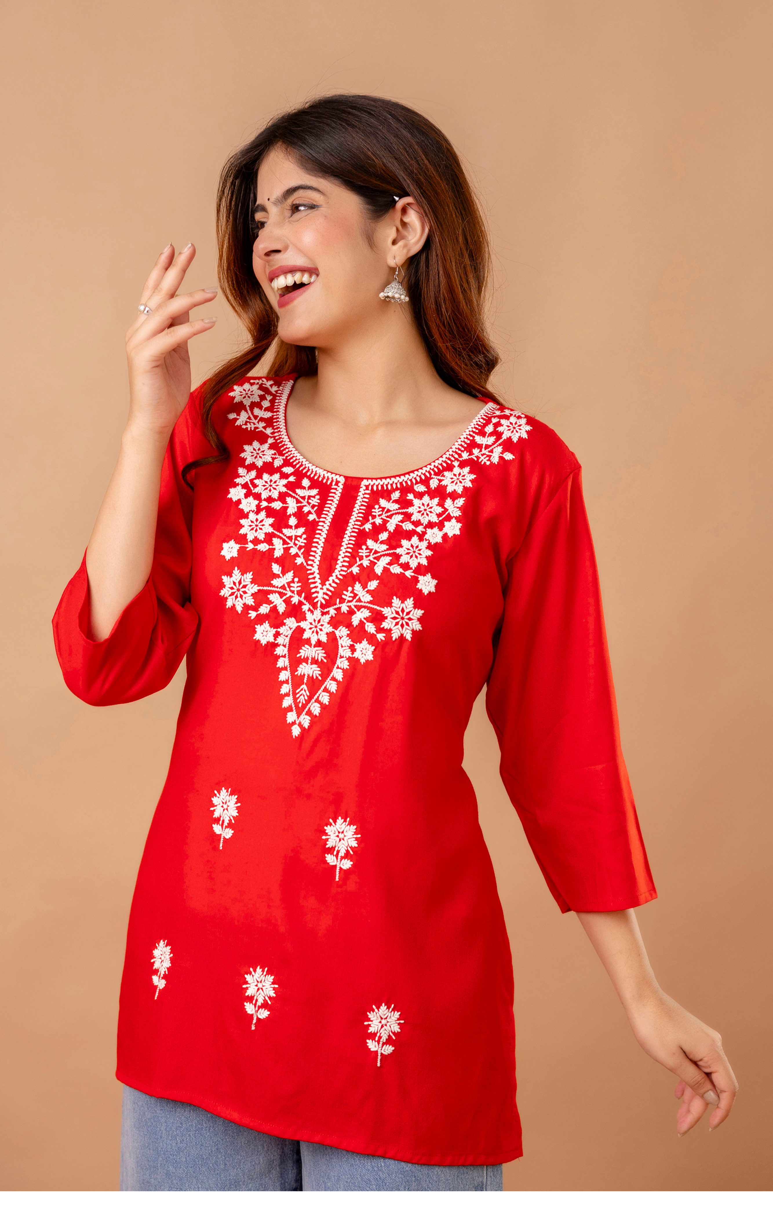 Red Rayon Floral Embroidered Kurti for Women | Elegant Daily Wear Tunic Top | 3/4 Sleeve Ethnic Kurta