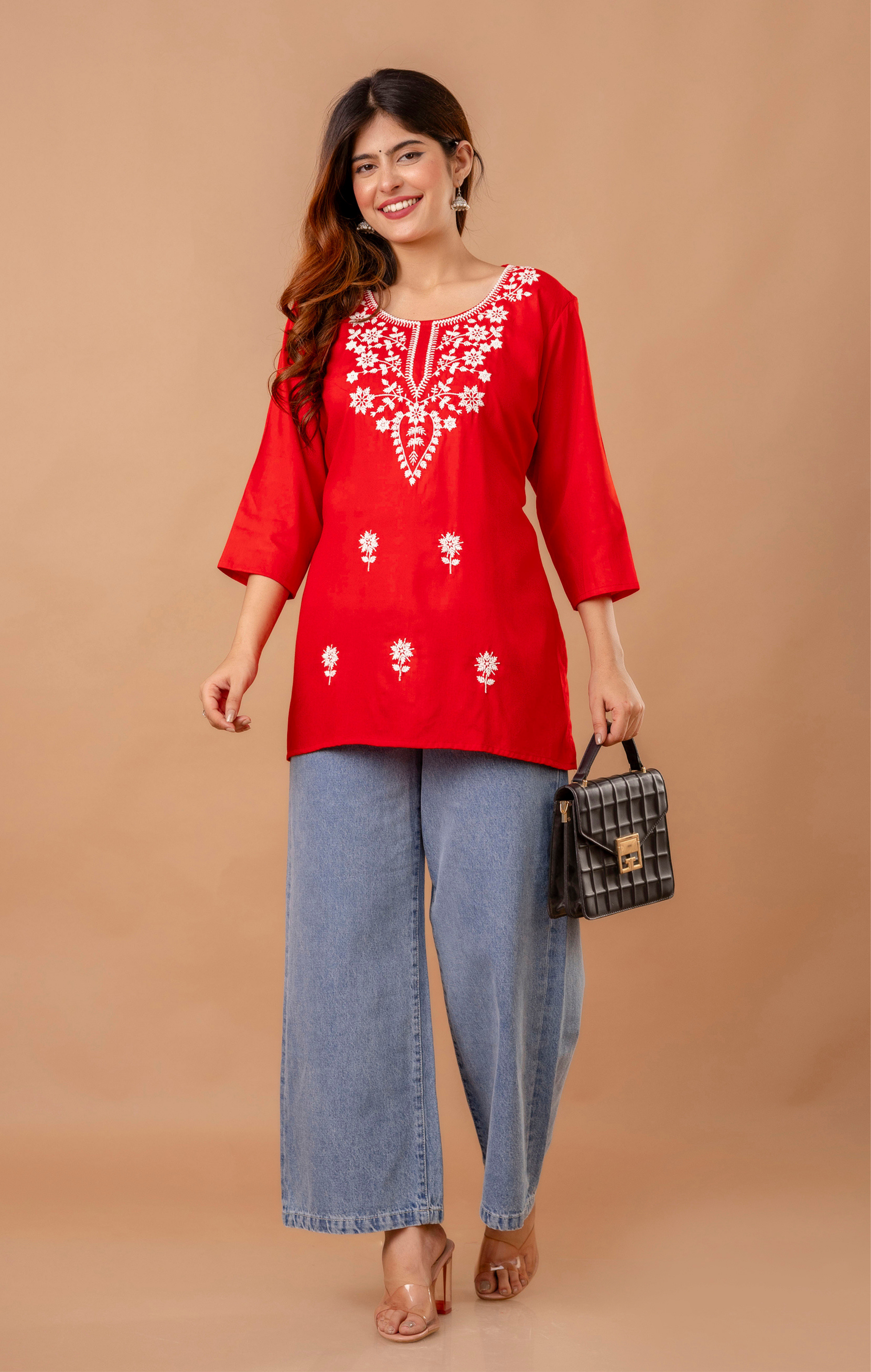 Red Rayon Floral Embroidered Kurti for Women | Elegant Daily Wear Tunic Top | 3/4 Sleeve Ethnic Kurta