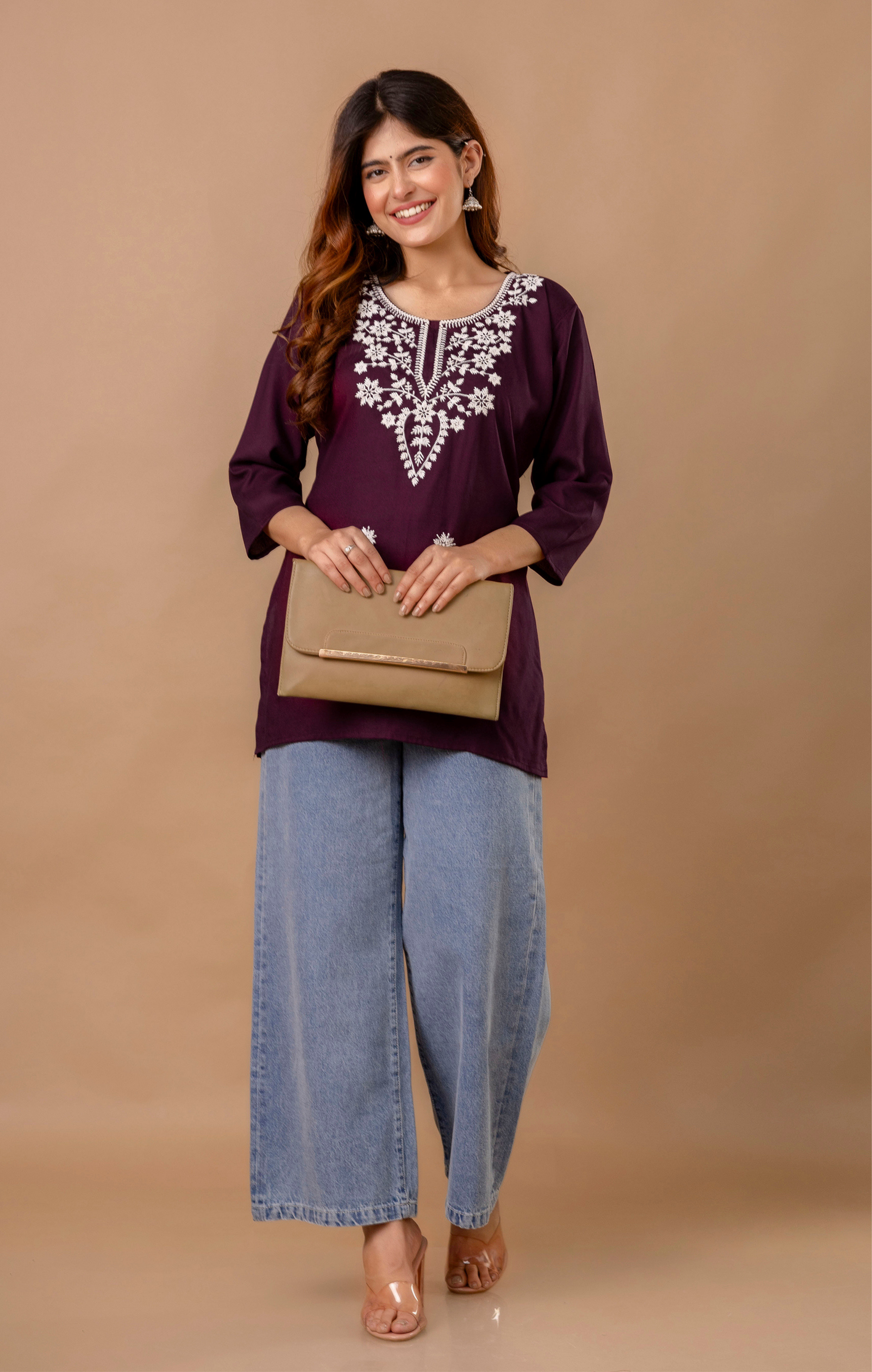 Wine Rayon Women’s Kurti with White Floral Embroidery | Elegant 3/4 Sleeve Tunic Top for Daily & Office Wear
