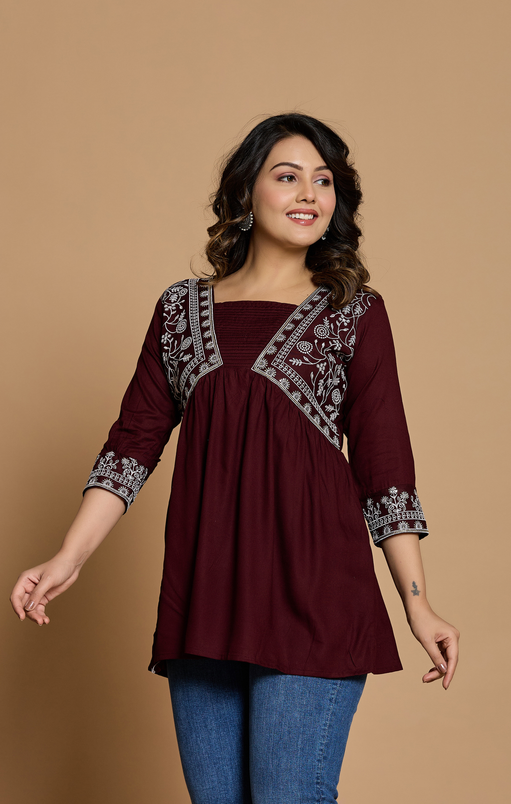 Maroon Cotton Embroidered A-Line Kurti Top for Women | Elegant Daily & Office Wear | Flowy Comfortable Fit