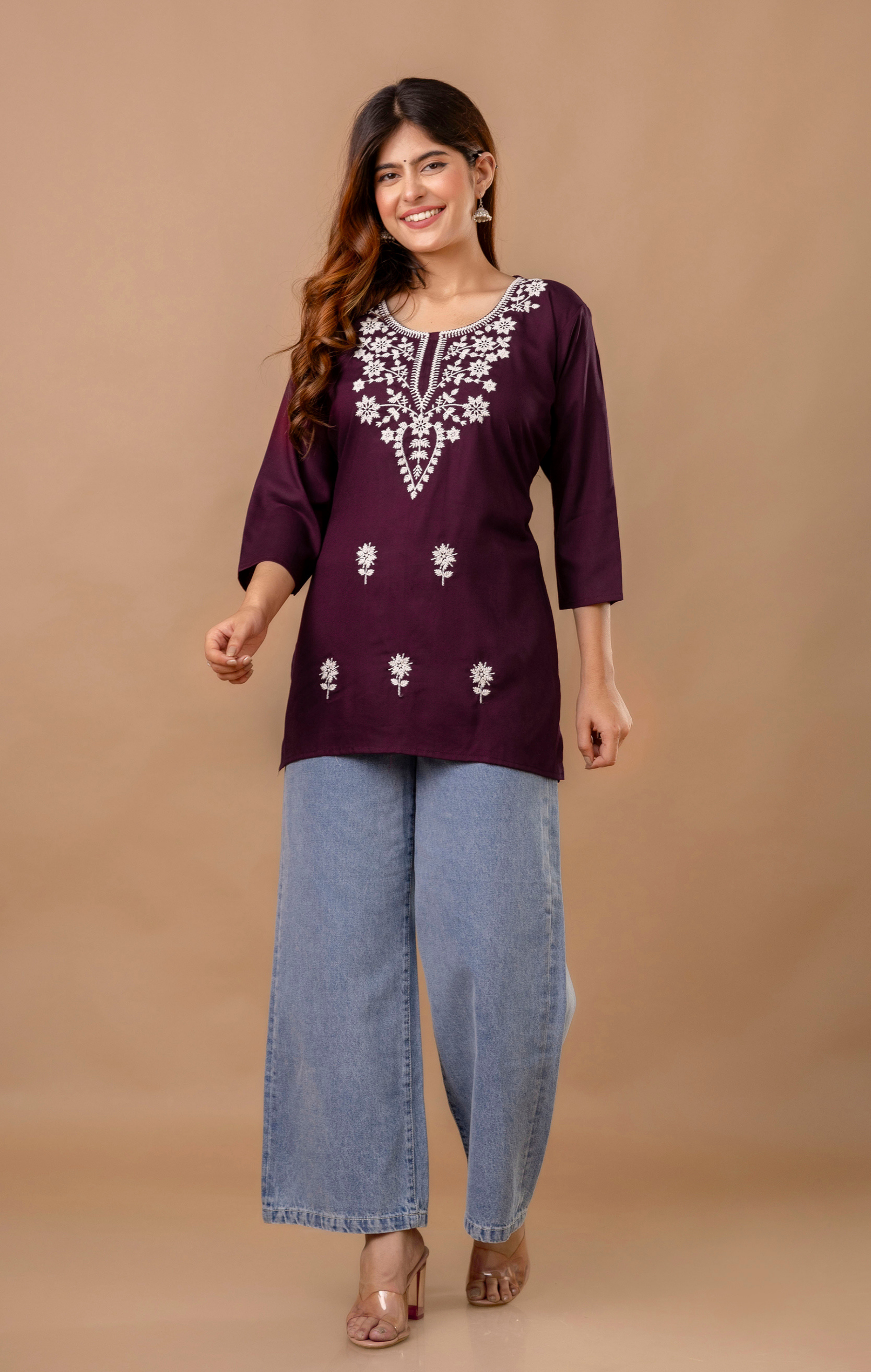 Wine Rayon Women’s Kurti with White Floral Embroidery | Elegant 3/4 Sleeve Tunic Top for Daily & Office Wear