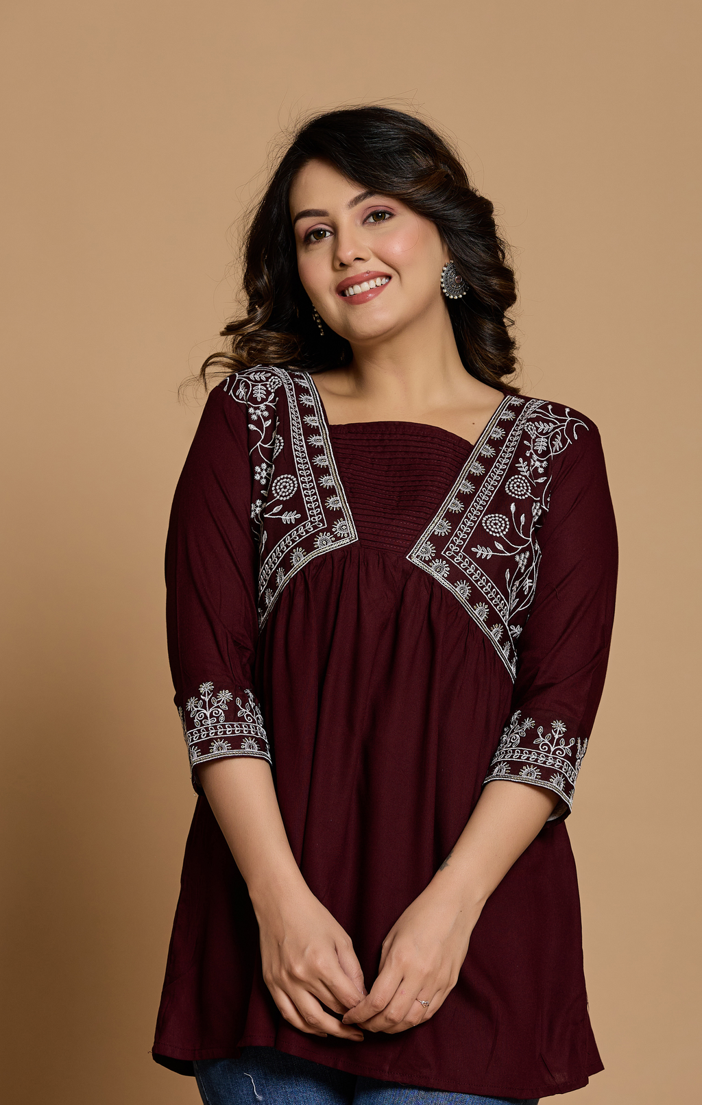 Maroon Cotton Embroidered A-Line Kurti Top for Women | Elegant Daily & Office Wear | Flowy Comfortable Fit