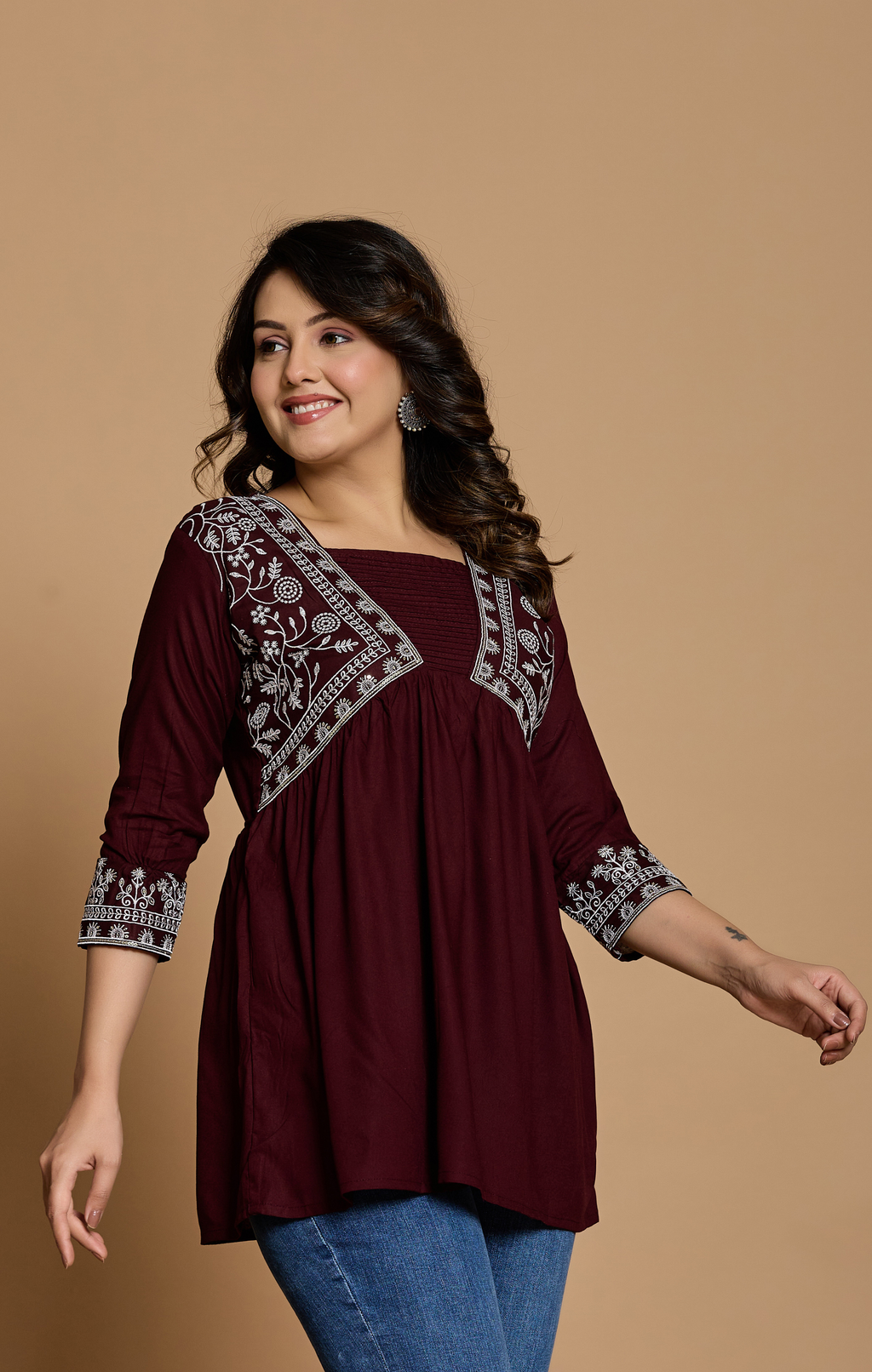 Maroon Cotton Embroidered A-Line Kurti Top for Women | Elegant Daily & Office Wear | Flowy Comfortable Fit