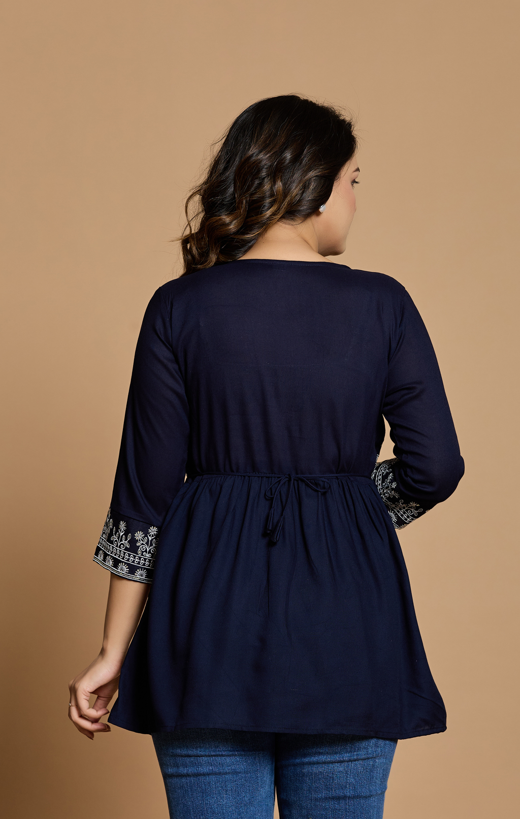 Navy Blue Cotton Embroidered A-Line Kurti Top for Women | Elegant Daily & Office Wear | Flowy Comfort Fit