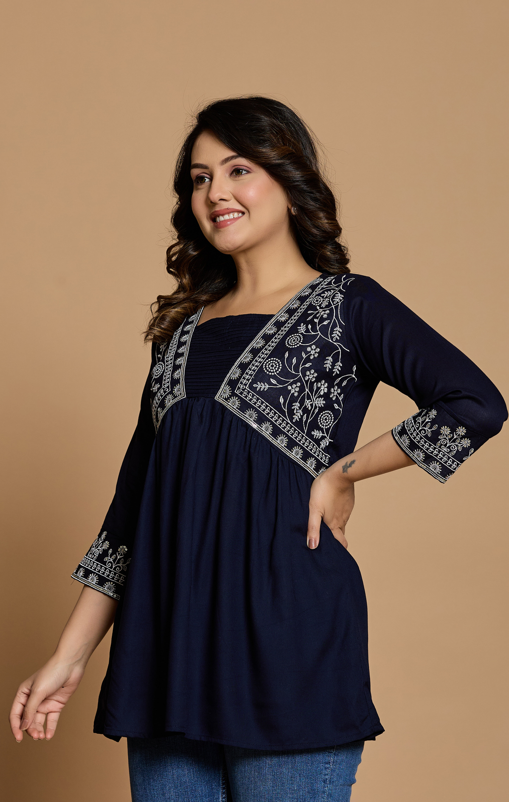 Navy Blue Cotton Embroidered A-Line Kurti Top for Women | Elegant Daily & Office Wear | Flowy Comfort Fit