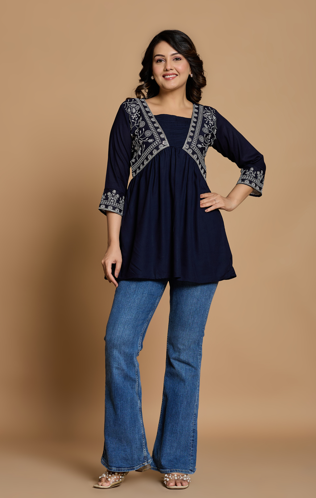 Navy Blue Cotton Embroidered A-Line Kurti Top for Women | Elegant Daily & Office Wear | Flowy Comfort Fit