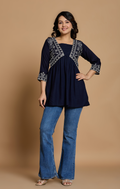 Navy Blue Cotton Embroidered A-Line Kurti Top for Women | Elegant Daily & Office Wear | Flowy Comfort Fit