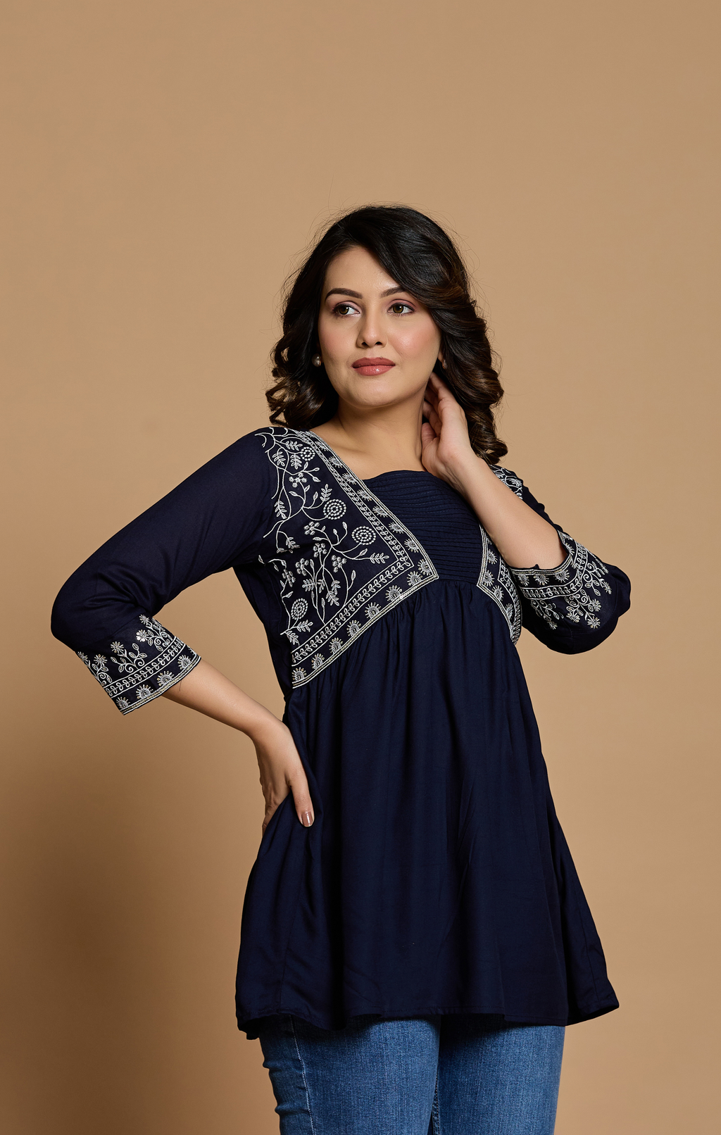 Navy Blue Cotton Embroidered A-Line Kurti Top for Women | Elegant Daily & Office Wear | Flowy Comfort Fit