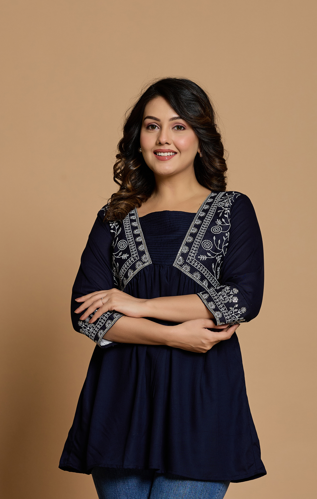 Navy Blue Cotton Embroidered A-Line Kurti Top for Women | Elegant Daily & Office Wear | Flowy Comfort Fit