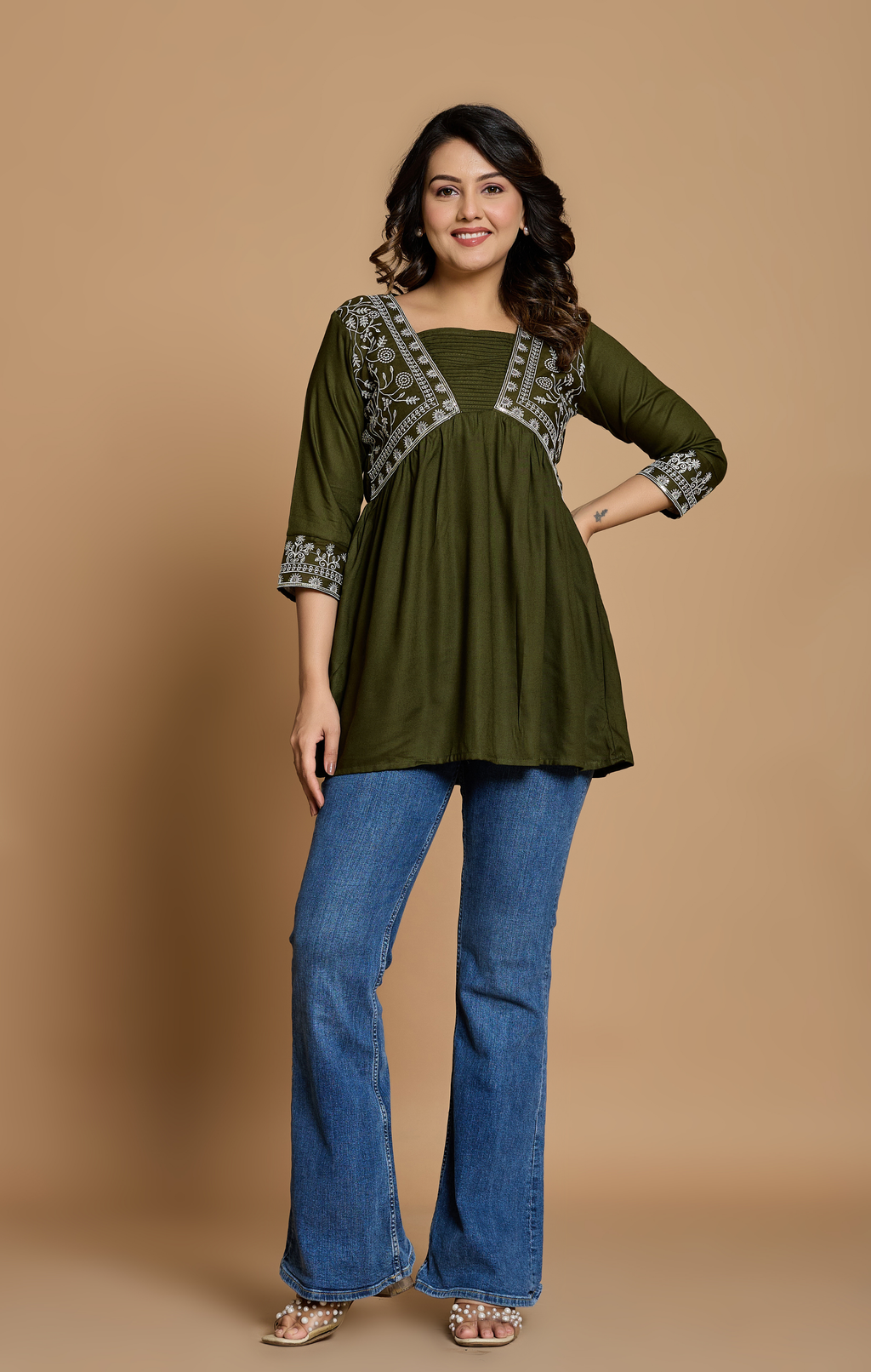 Olive Green Cotton Embroidered A-Line Kurti Top for Women | Everyday Casual & Office Wear | Flowy Comfortable Fit