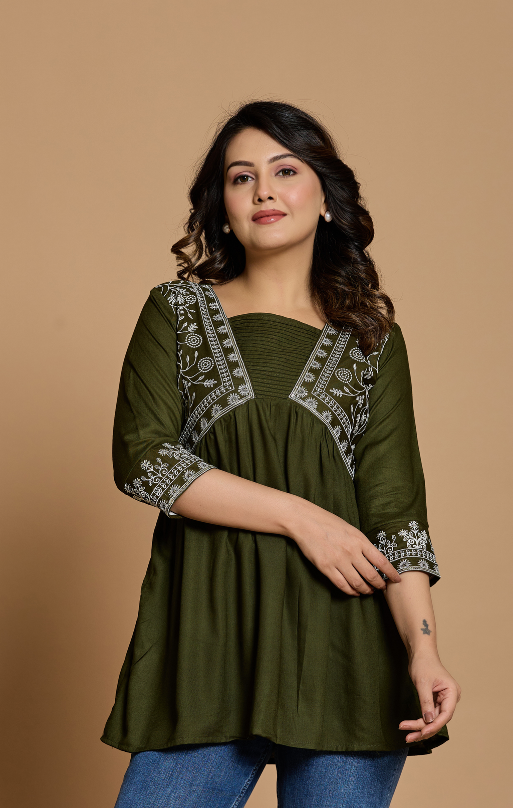 Olive Green Cotton Embroidered A-Line Kurti Top for Women | Everyday Casual & Office Wear | Flowy Comfortable Fit