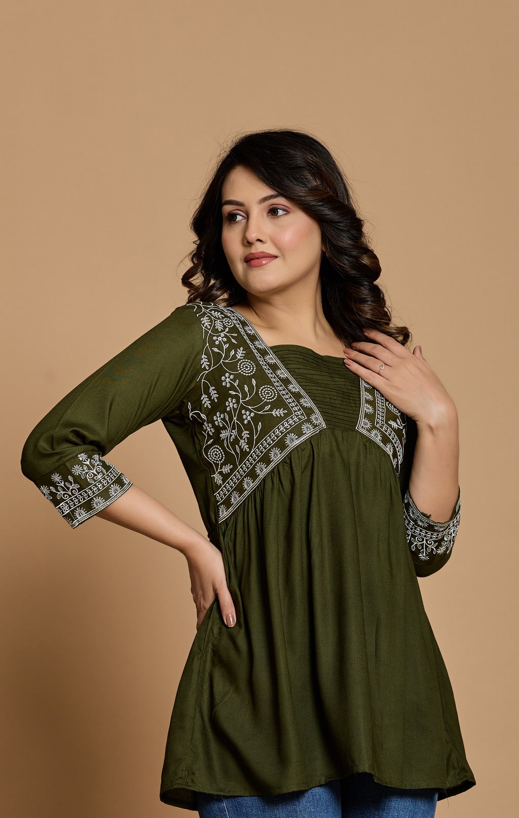 Olive Green Cotton Embroidered A-Line Kurti Top for Women | Everyday Casual & Office Wear | Flowy Comfortable Fit