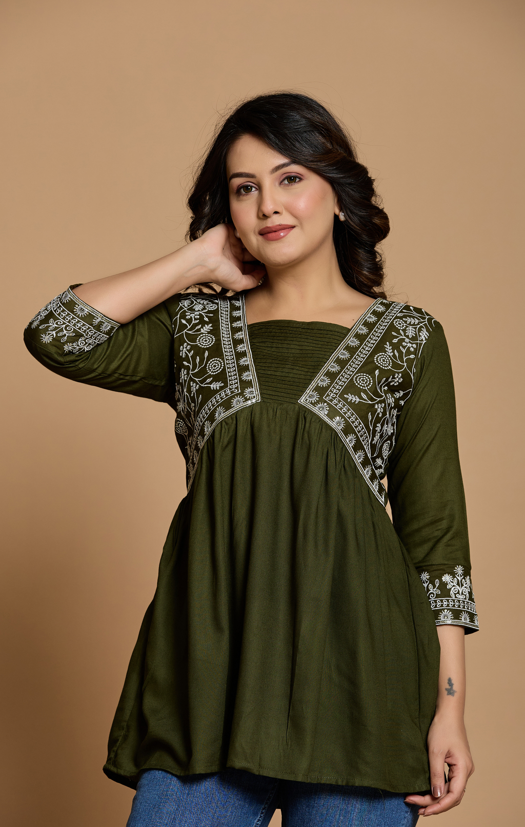 Olive Green Cotton Embroidered A-Line Kurti Top for Women | Everyday Casual & Office Wear | Flowy Comfortable Fit