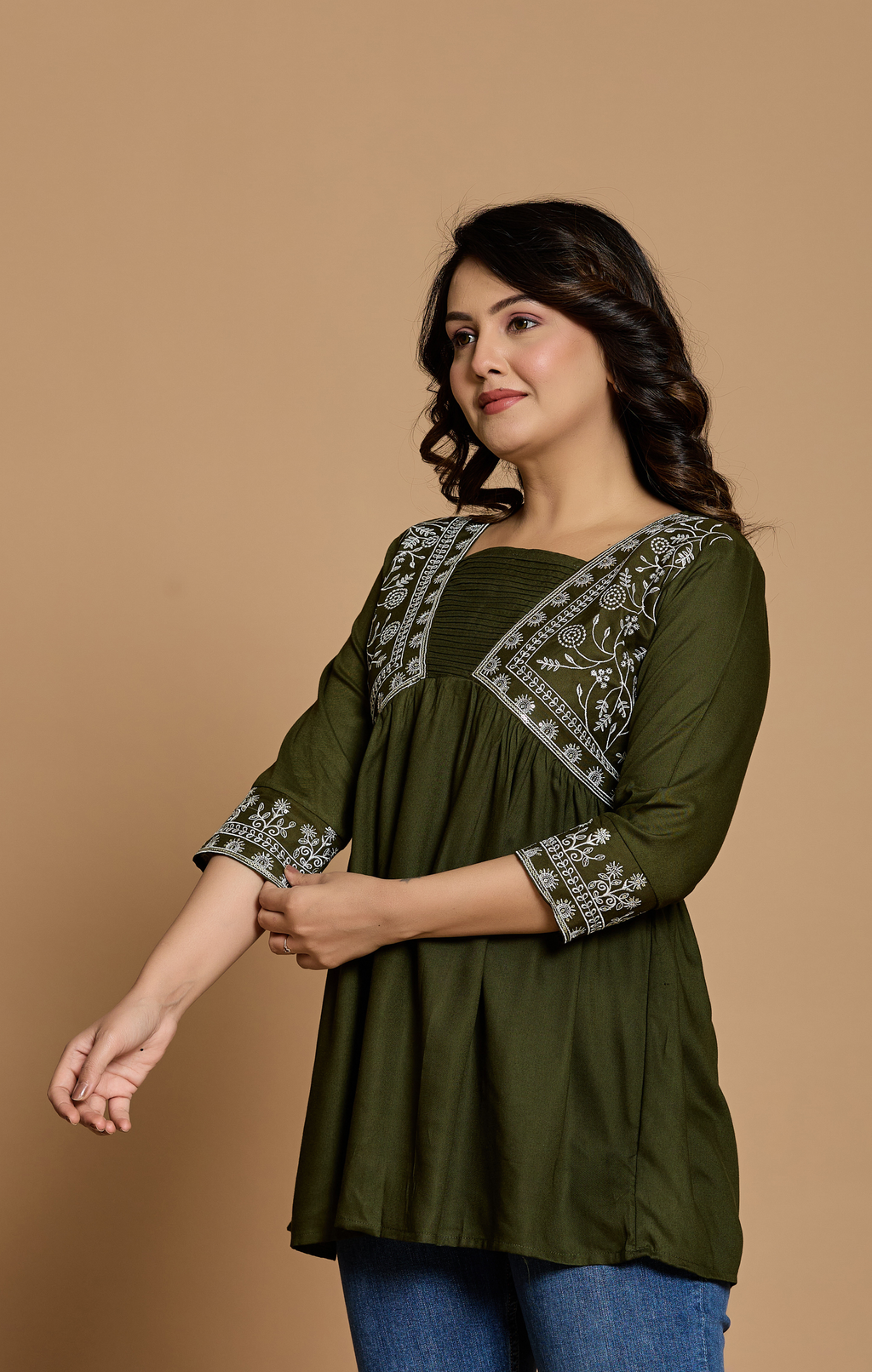 Olive Green Cotton Embroidered A-Line Kurti Top for Women | Everyday Casual & Office Wear | Flowy Comfortable Fit