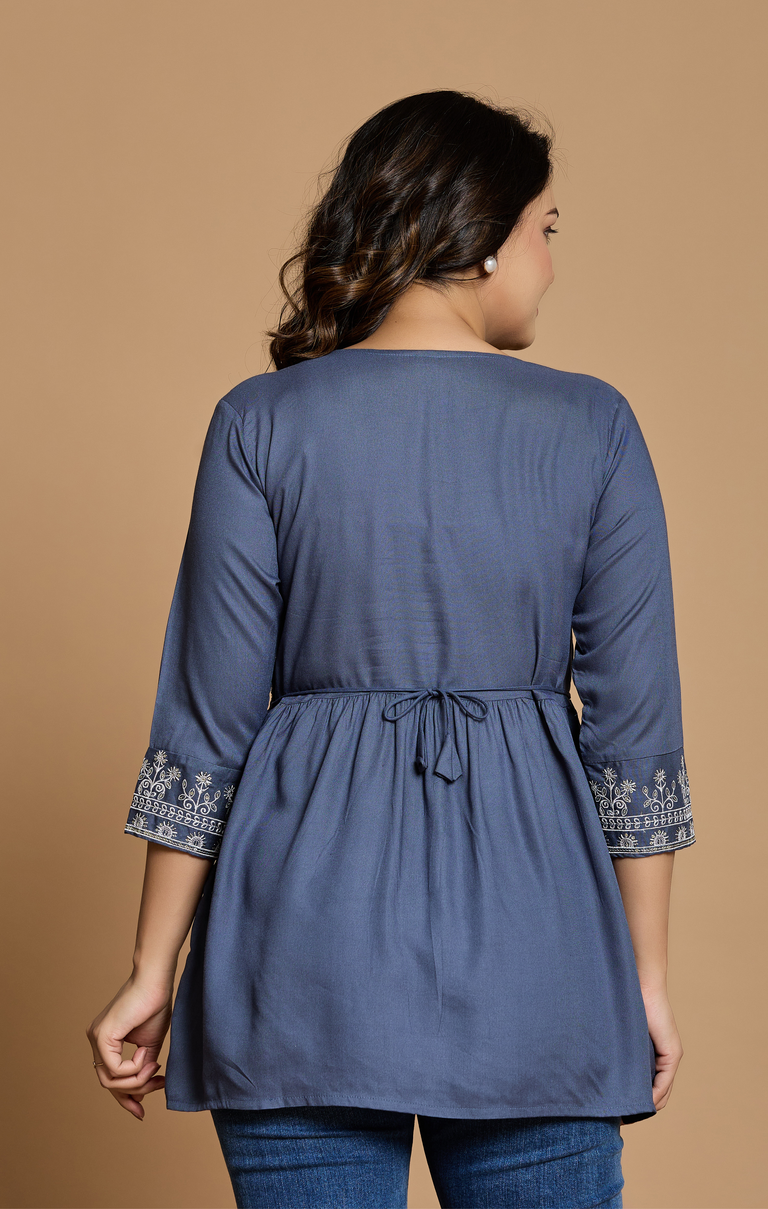 Slate Blue Cotton Embroidered A-Line Kurti Top for Women | Stylish Daily & Office Wear | Flowy Comfortable Fit